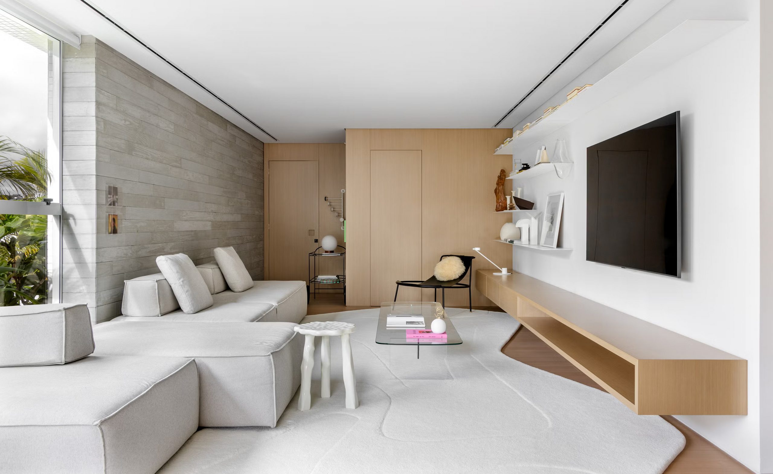 designer decor living room in white and wood