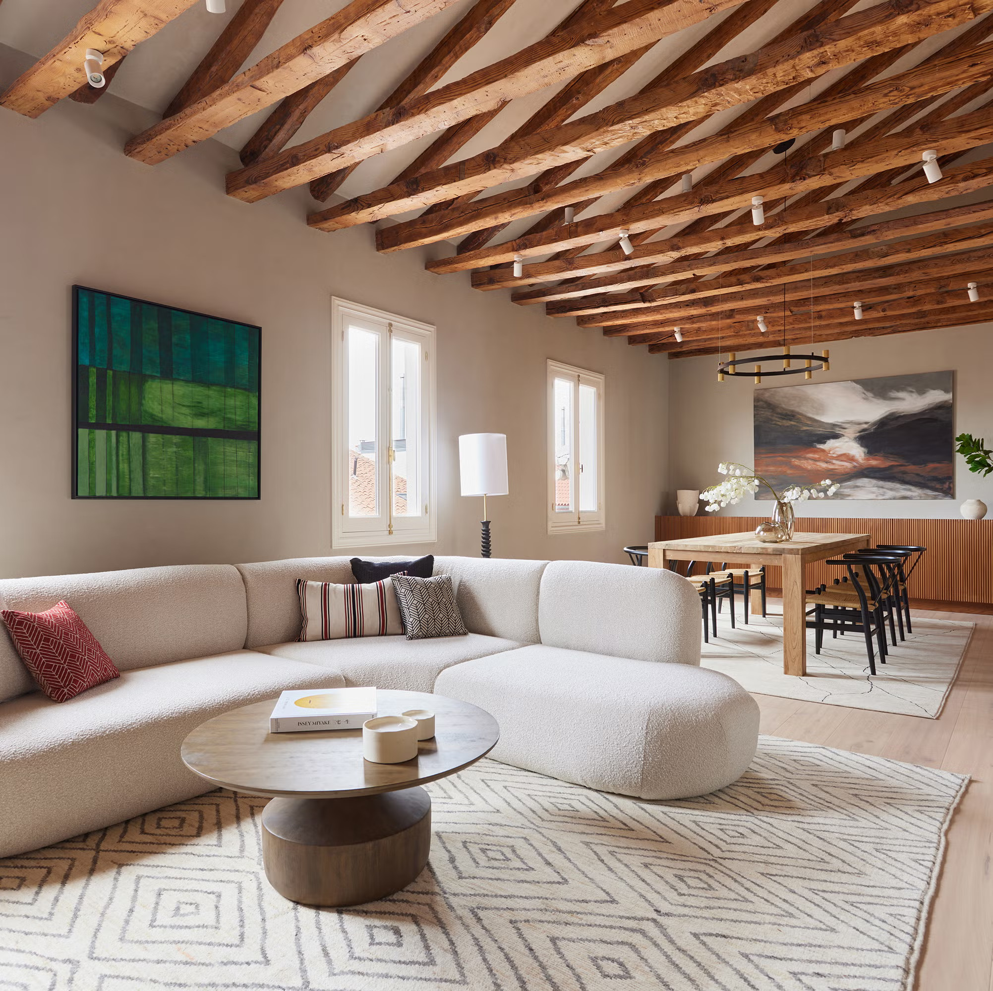 living room with beams contemporary decor