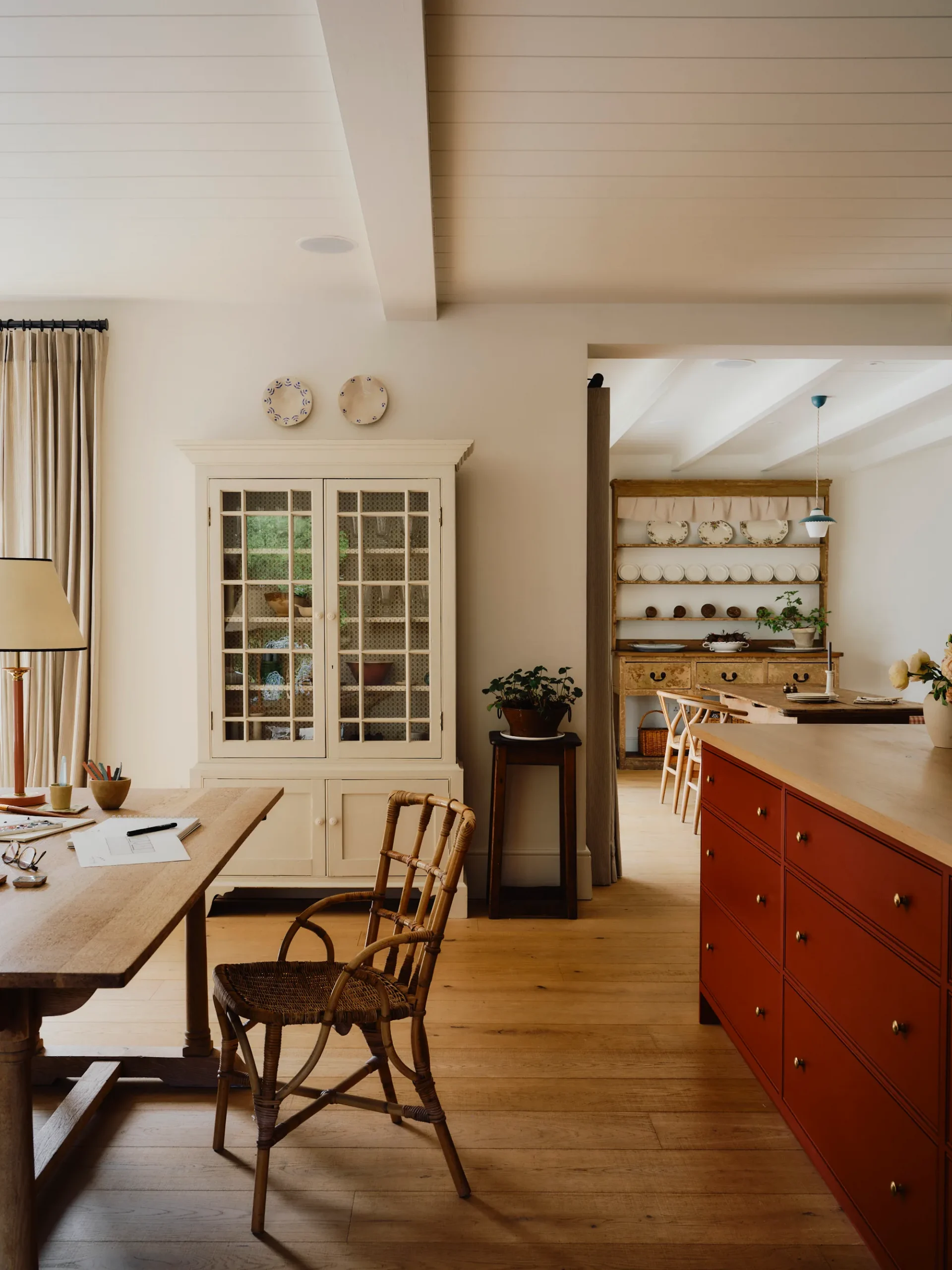 red kitchen with classic decor