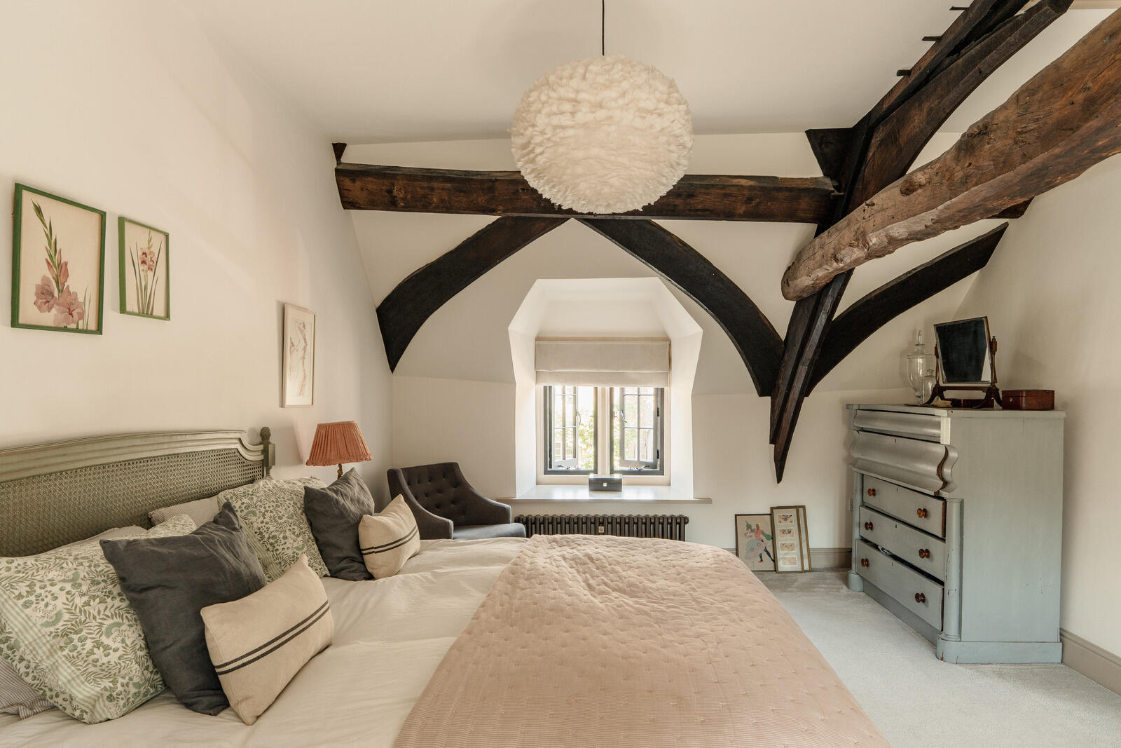 bedroom with beams classic chic decor Tudor-style village house bedroom with beams classic chic decor Tudor-style village house