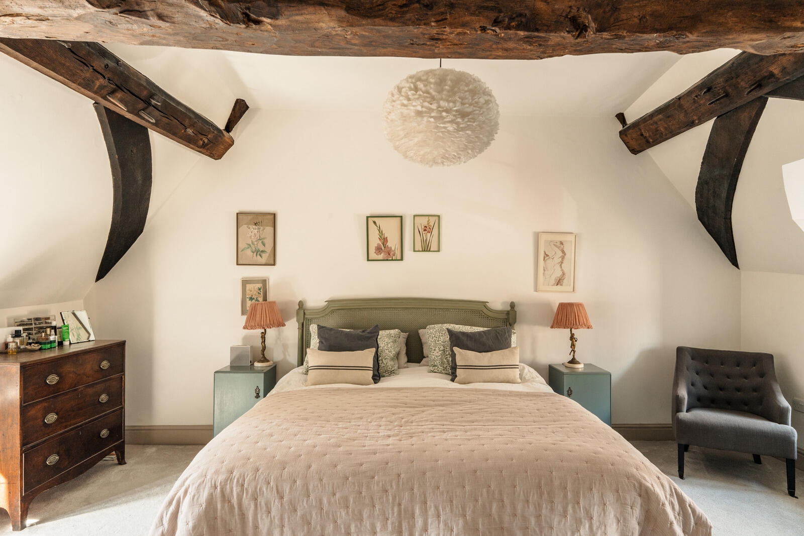 bedroom with beams classic chic decor Tudor-style village house bedroom with beams classic chic decor Tudor-style village house