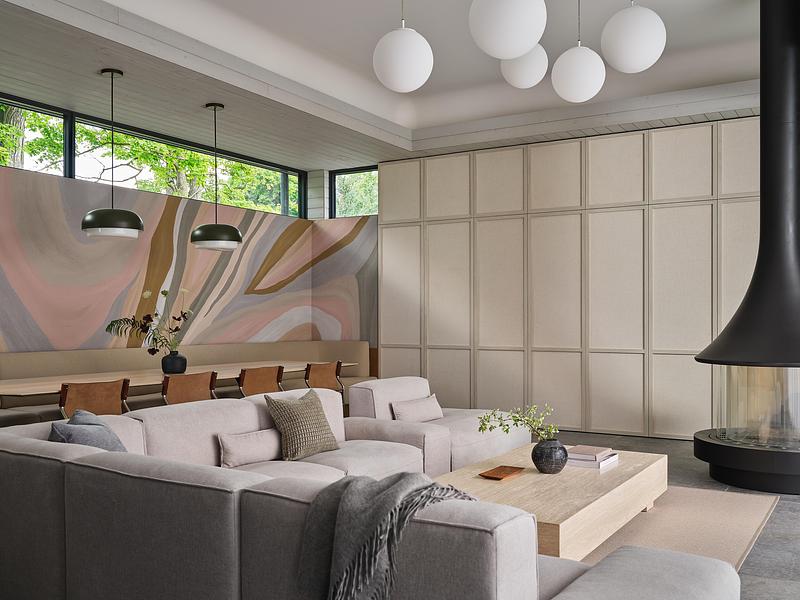 living room contemporary pool house with fireplace