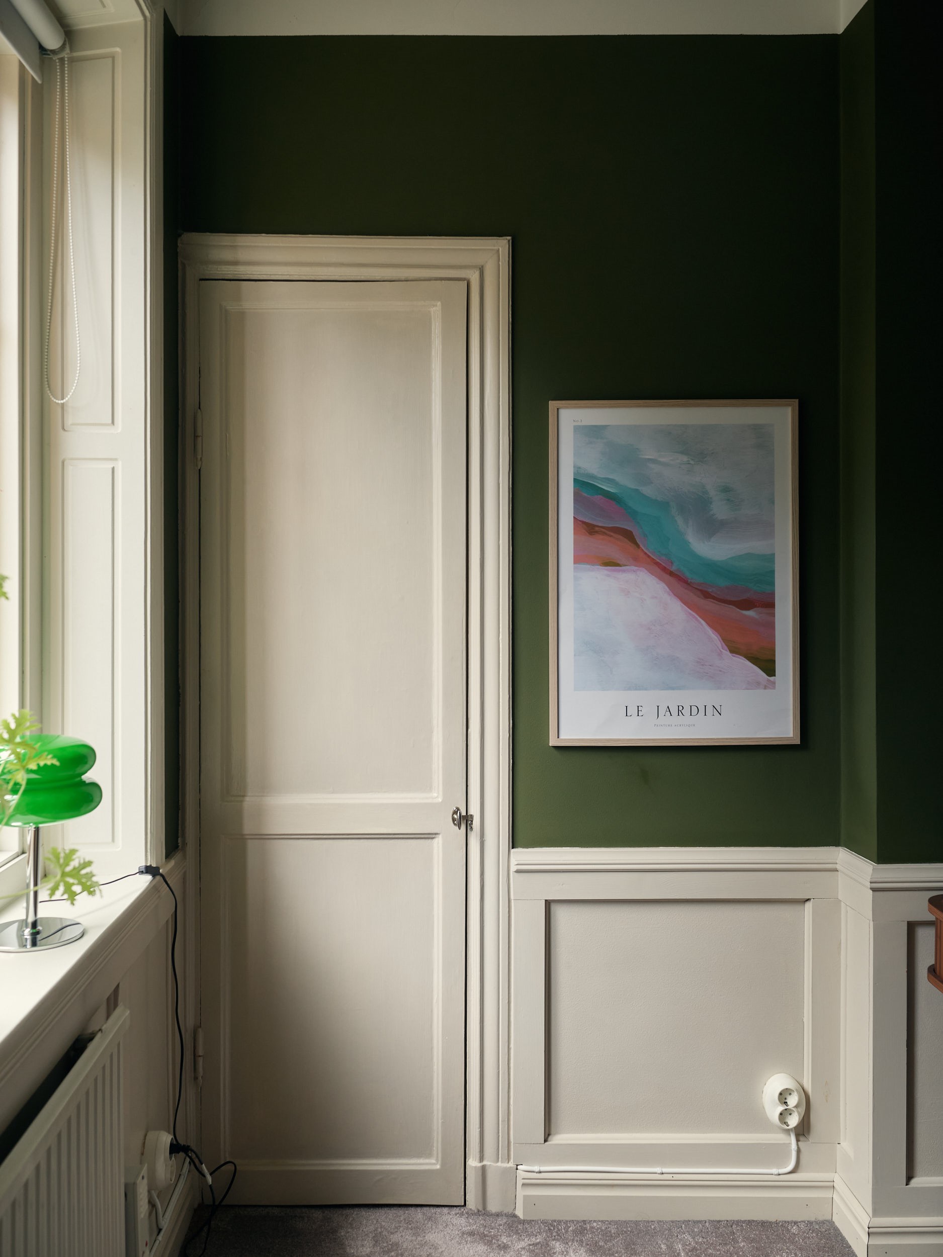 bedroom green walls 58sqm apartment Scandinavian decor