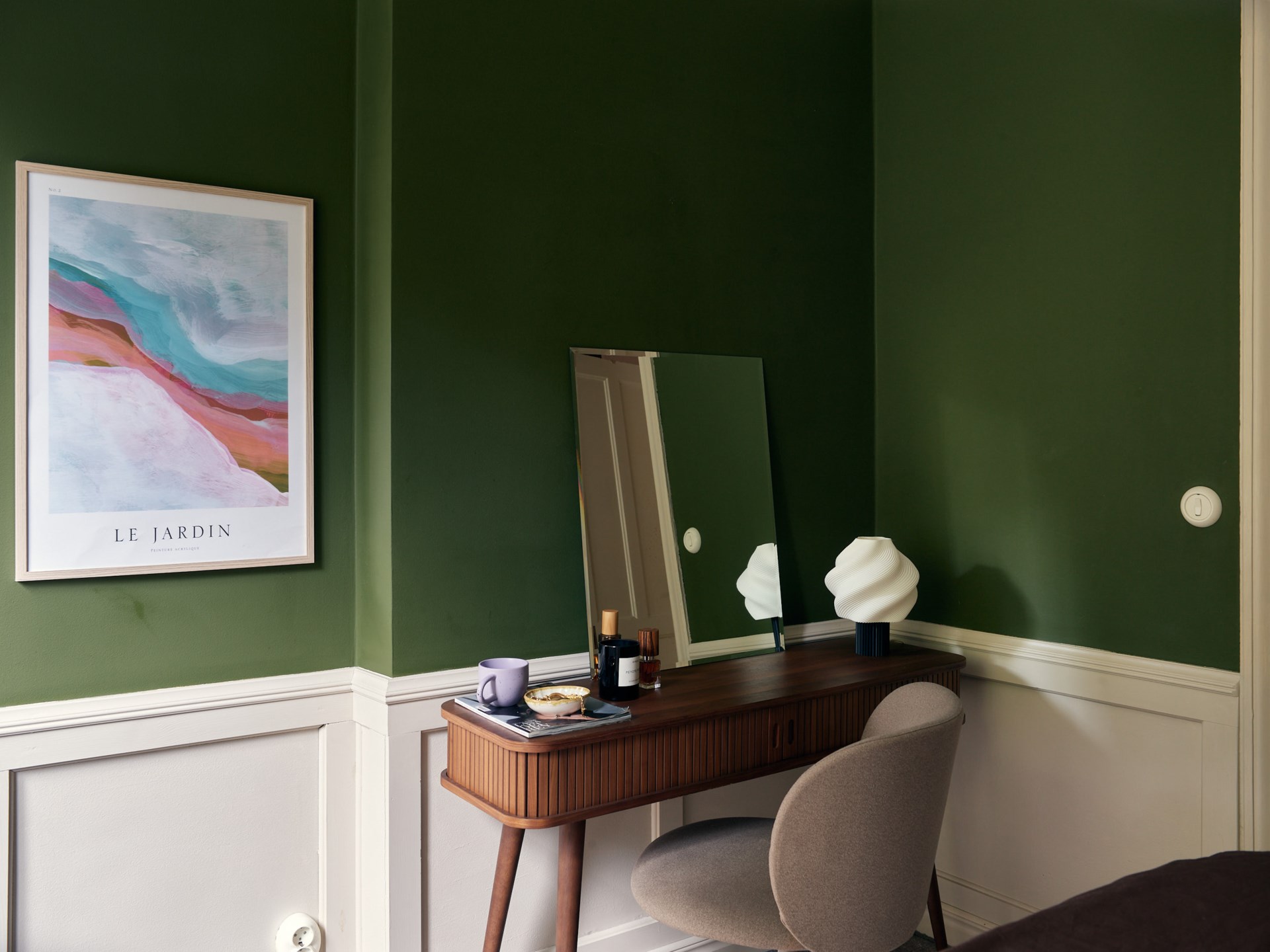 home office in bedroom green walls 58sqm apartment Scandinavian decor