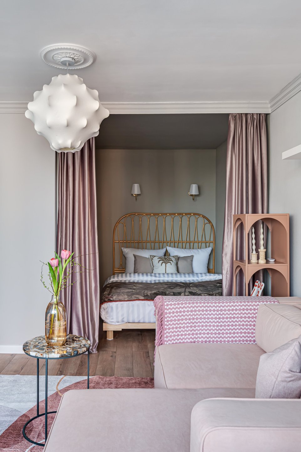 green bedroom in an alcove and living room contemporary decor in pink 34sqm studio flat green bedroom in an alcove and living room contemporary decor in pink 34sqm studio flat