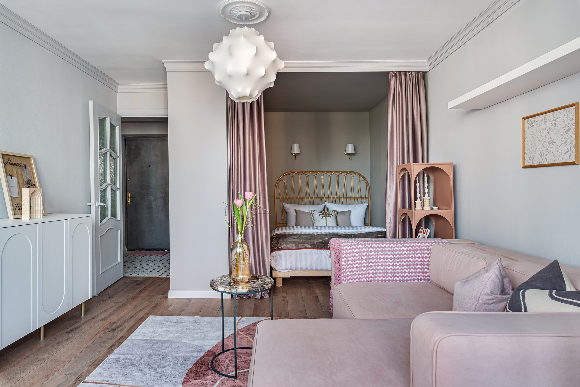 green bedroom in an alcove and living room contemporary decor in pink 34sqm studio flat green bedroom in an alcove and living room contemporary decor in pink 34sqm studio flat
