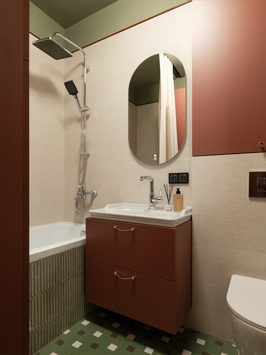 salle de bain terracotta et verte décoration contemporaine petit appartement de 42m2