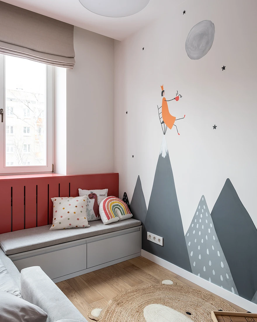 chambre d'enfant rouge et blanche décoration contemporaine petit appartement de 46m2