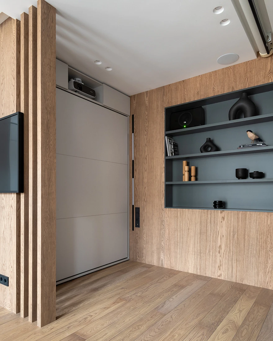 espace chambre avec lit escamotable décoration contemporaine petit appartement de 46m2