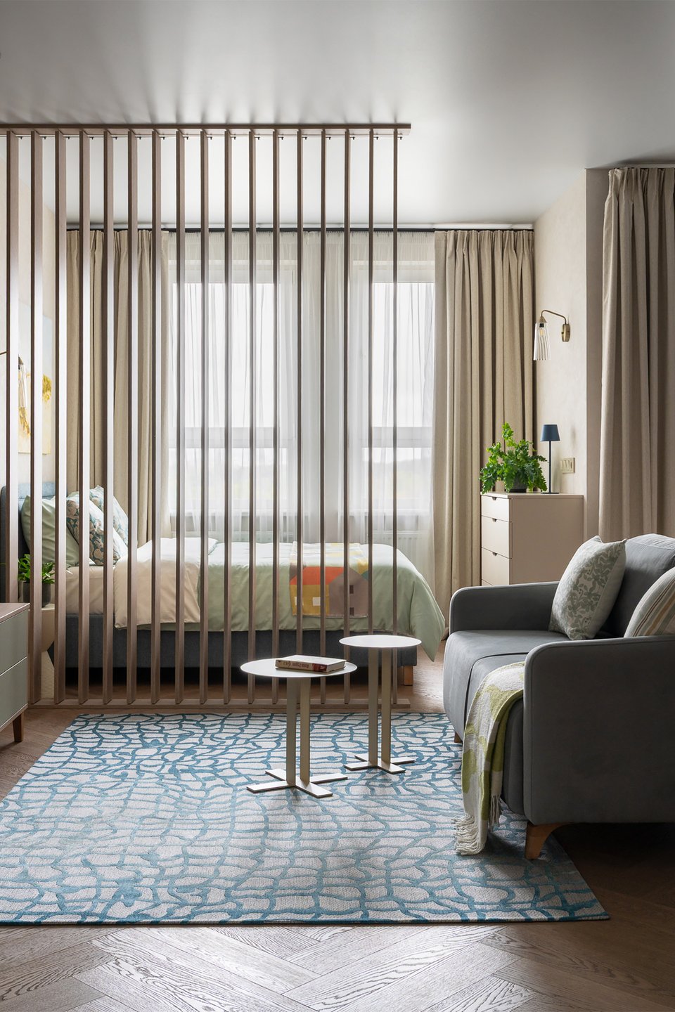 living room and bedroom contemporary decor 39sqm studio with wooden partition