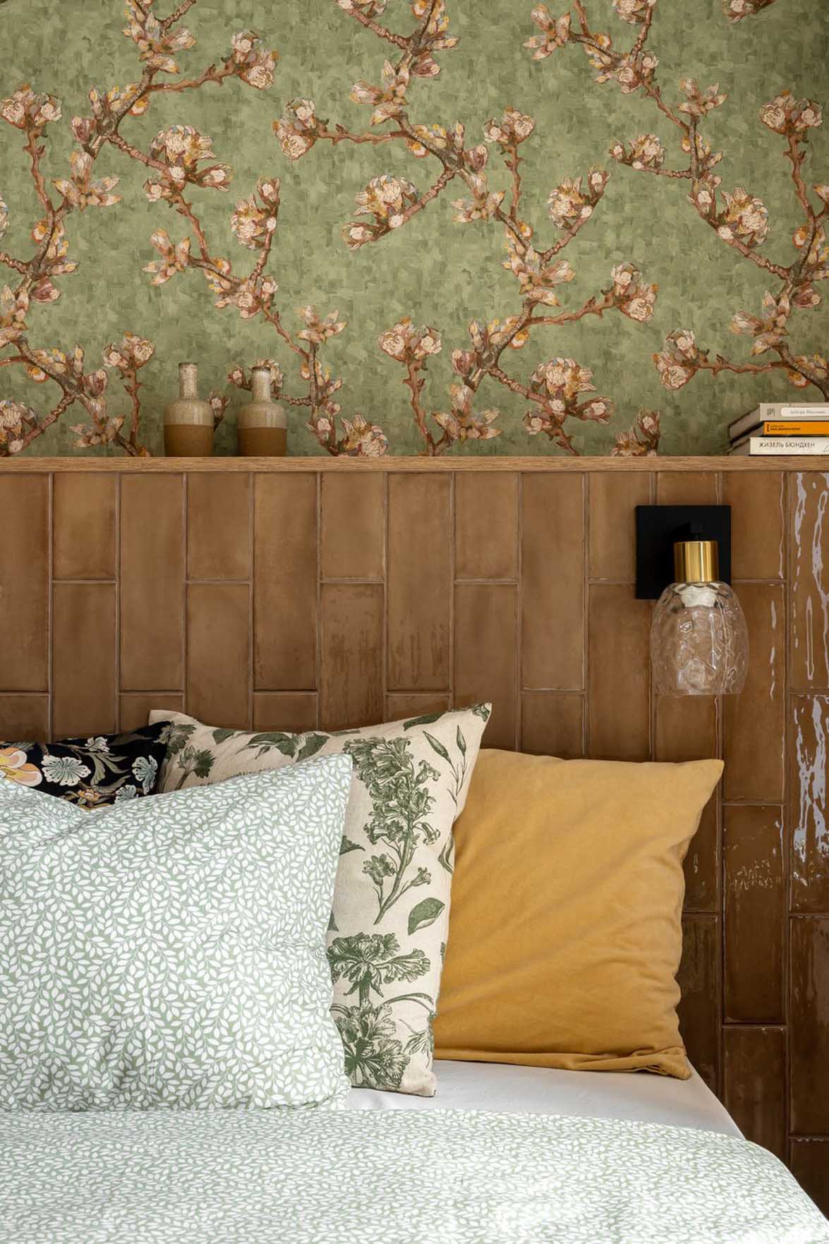 bedroom with green wallpaper and ceramic headboard contemporary decor 38sqm apartment