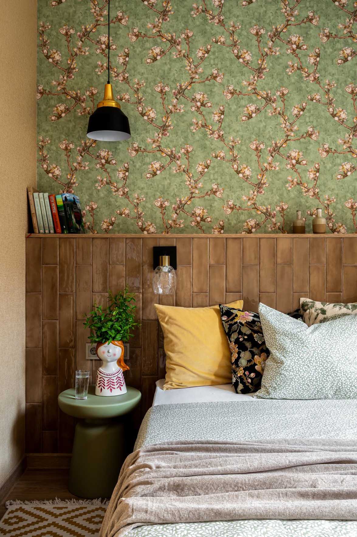 bedroom with green wallpaper and ceramic headboard contemporary decor 38sqm apartment