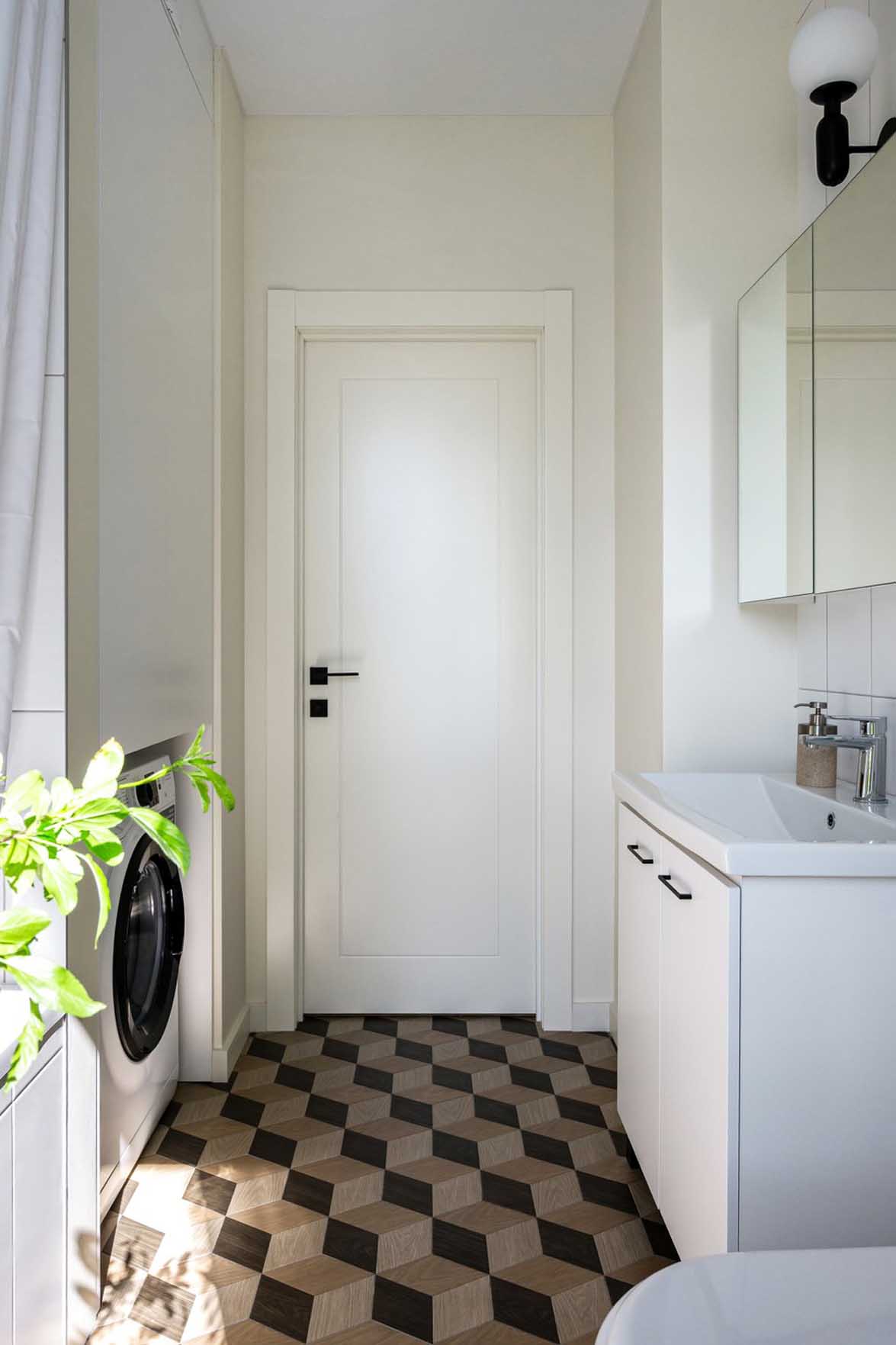 modern bathroom with cement tiles on the floor