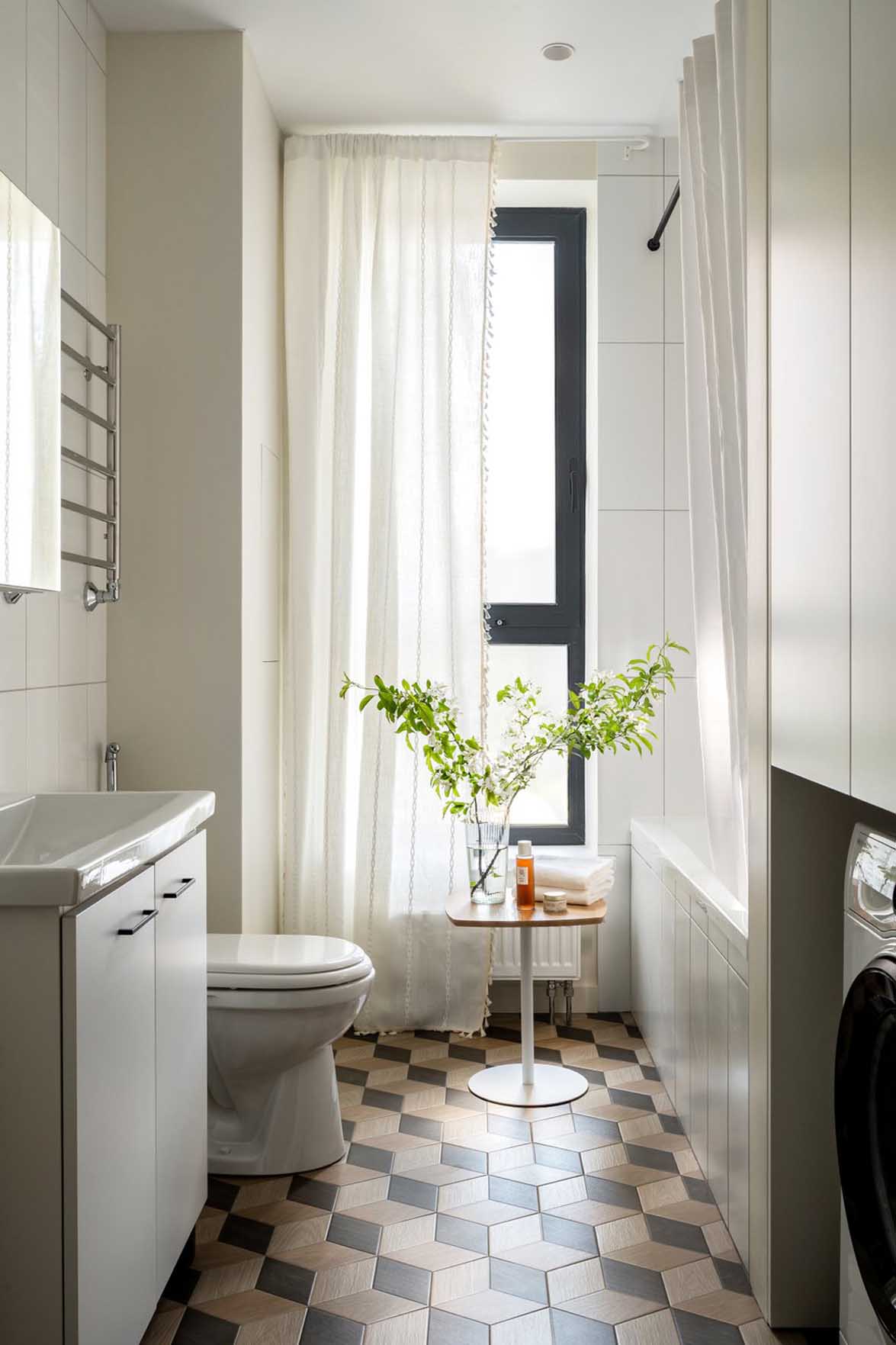 modern bathroom with cement tiles on the floor