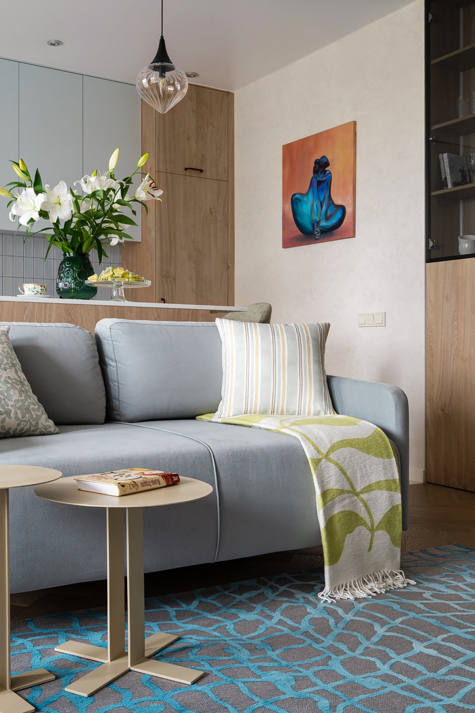 living room and open kitchen contemporary decor 39sqm studio with wooden partition