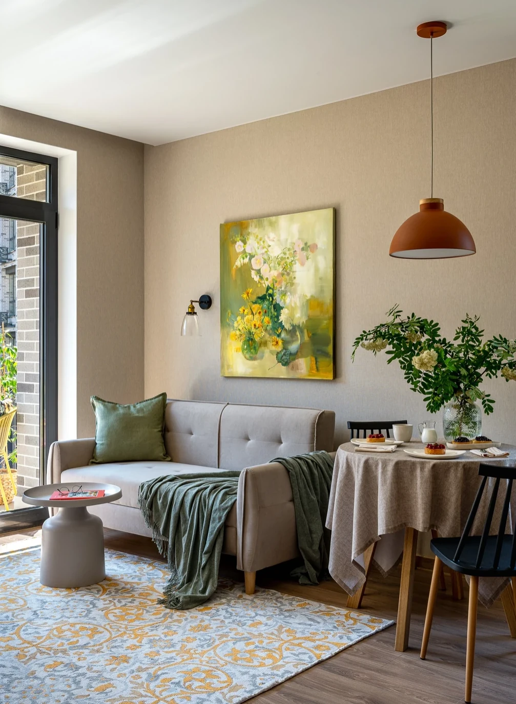 living room and dining room gray sofa bay window contemporary decor 38sqm apartment