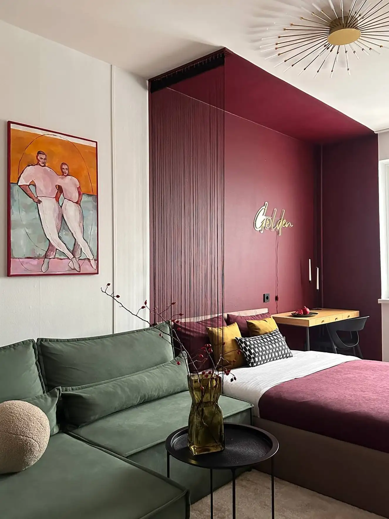 living room and bedroom with colour blocking in green and burgundy 37sqm studio contemporary decor living room and bedroom with colour blocking in green and burgundy 37sqm studio contemporary decor