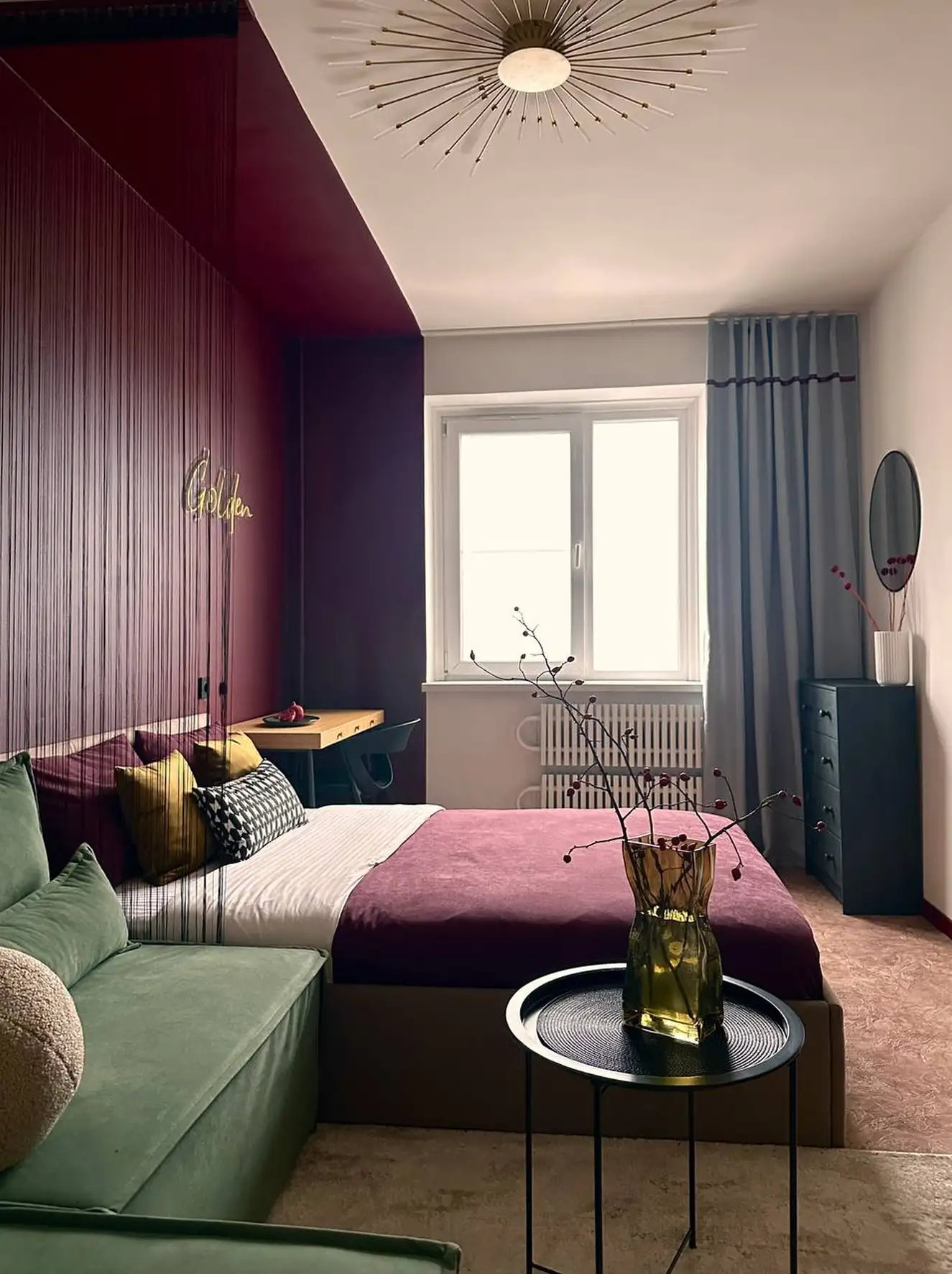 living room and bedroom with colour blocking in green and burgundy 37sqm studio contemporary decor living room and bedroom with colour blocking in green and burgundy 37sqm studio contemporary decor
