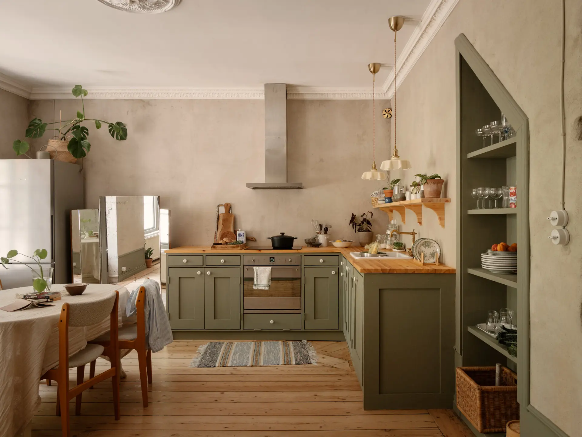 sage green shaker style kitchen 56sqm apartement Scandinavian decor