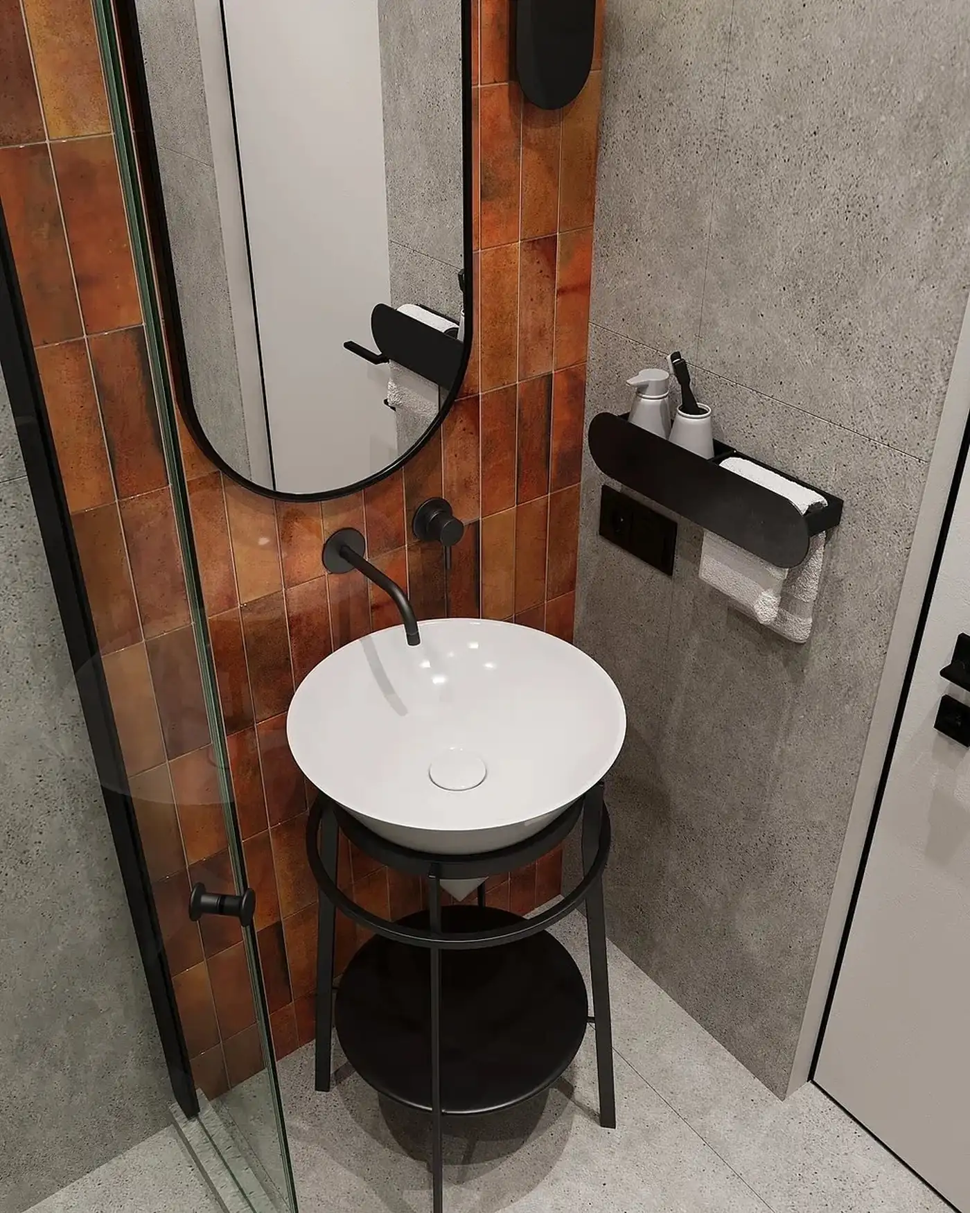 salle de bain design grise et orange studio de 26m2