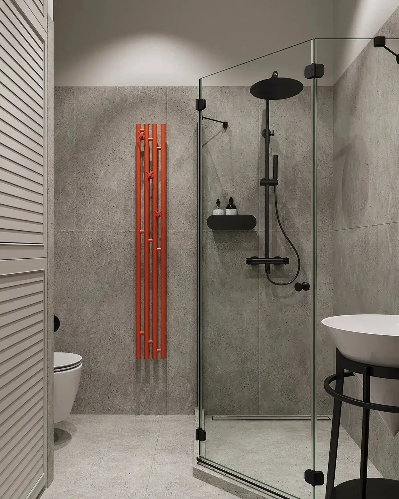 salle de bain design grise et orange studio de 26m2