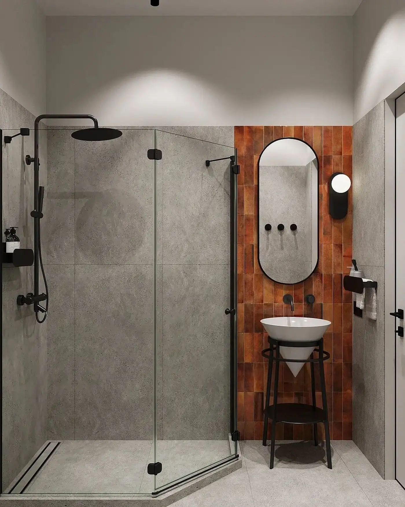 salle de bain design grise et orange studio de 26m2