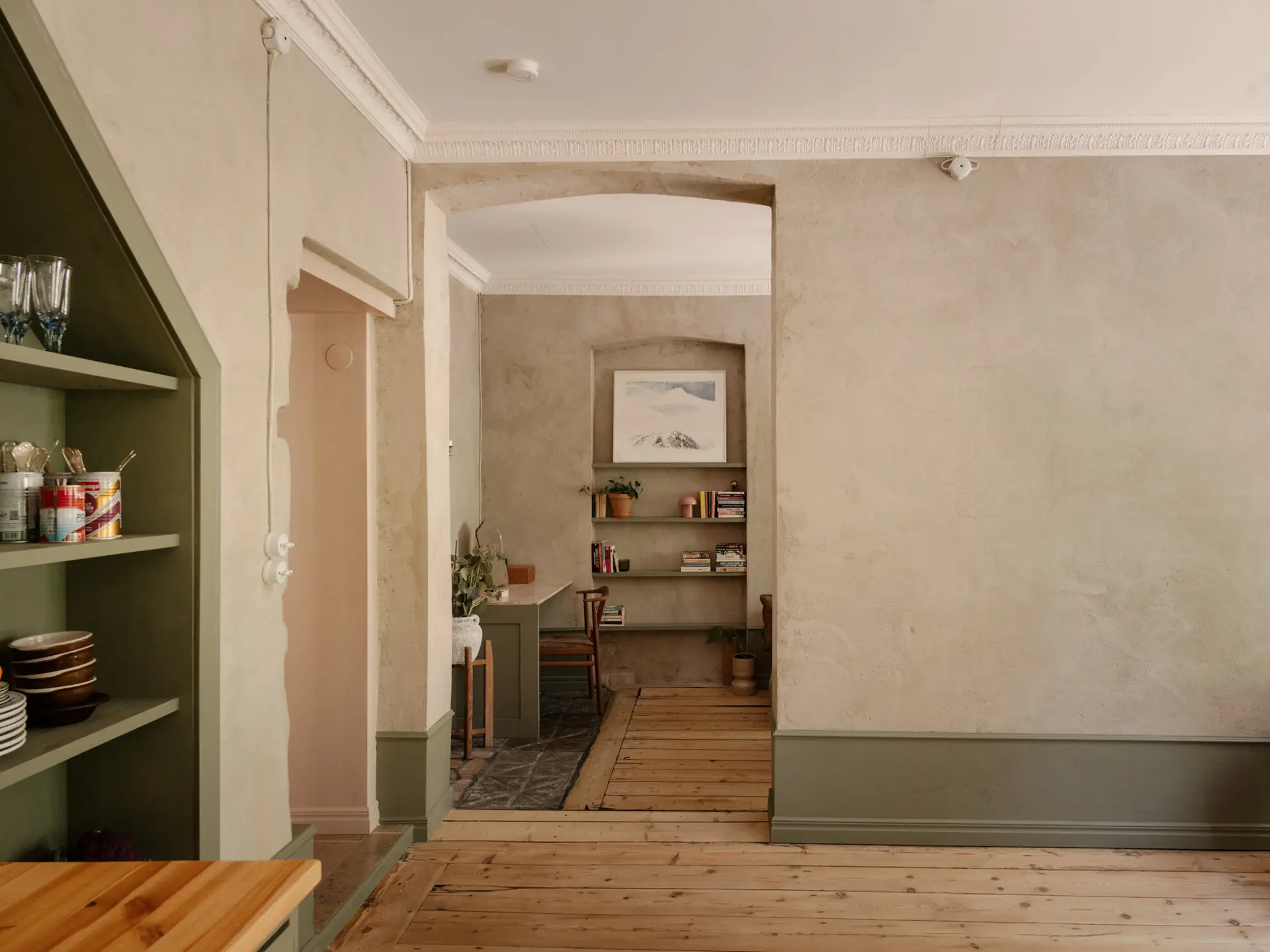 sage green shaker style kitchen 56sqm apartement Scandinavian decor