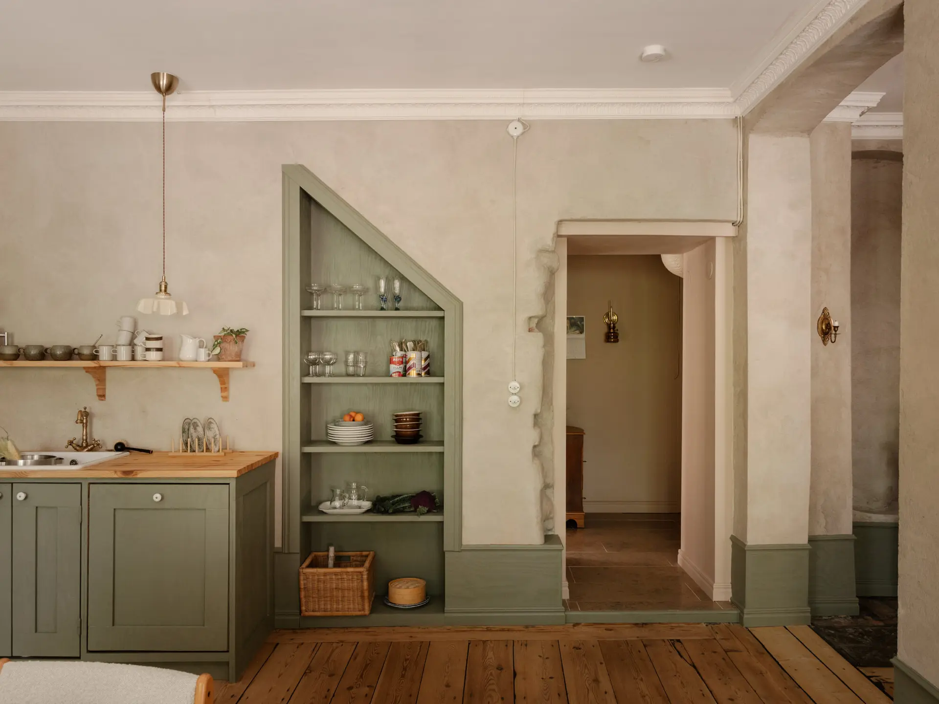 sage green shaker style kitchen 56sqm apartement Scandinavian decor