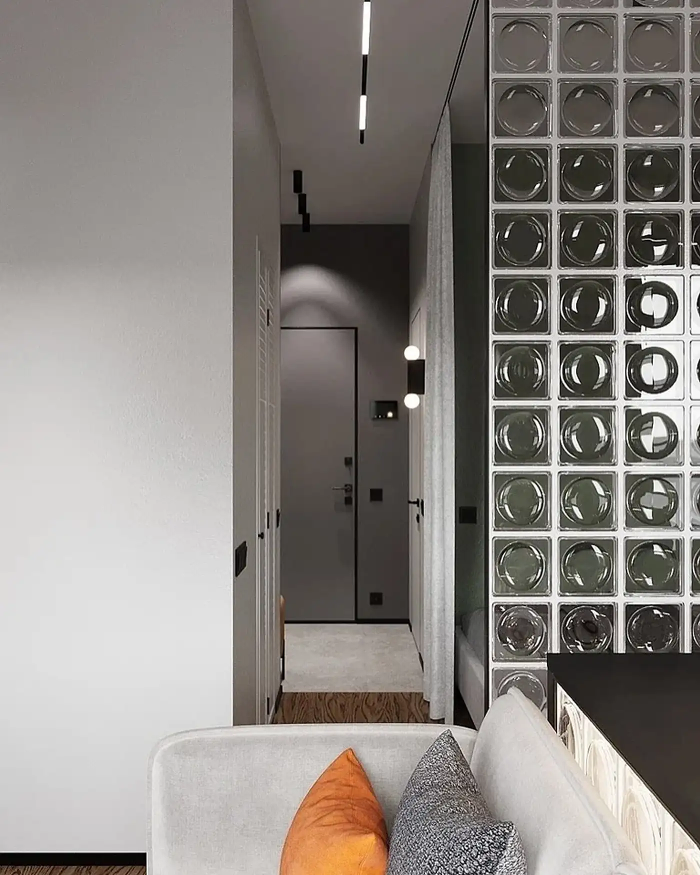 entrée et salon avec briques de verre décoration contemporaine studio de 26m2