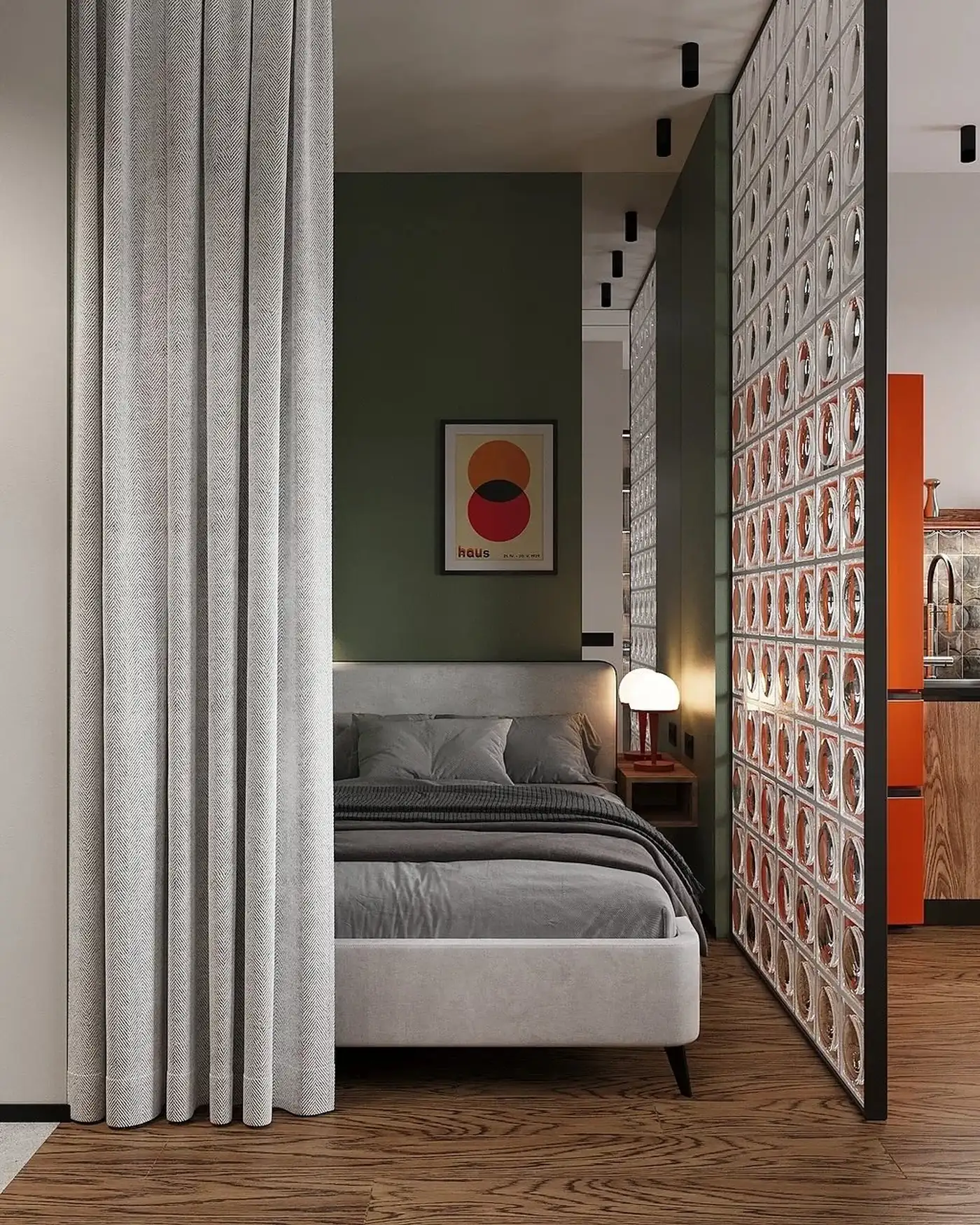 espace chambre avec briques de verre décoration contemporaine studio de 26m2