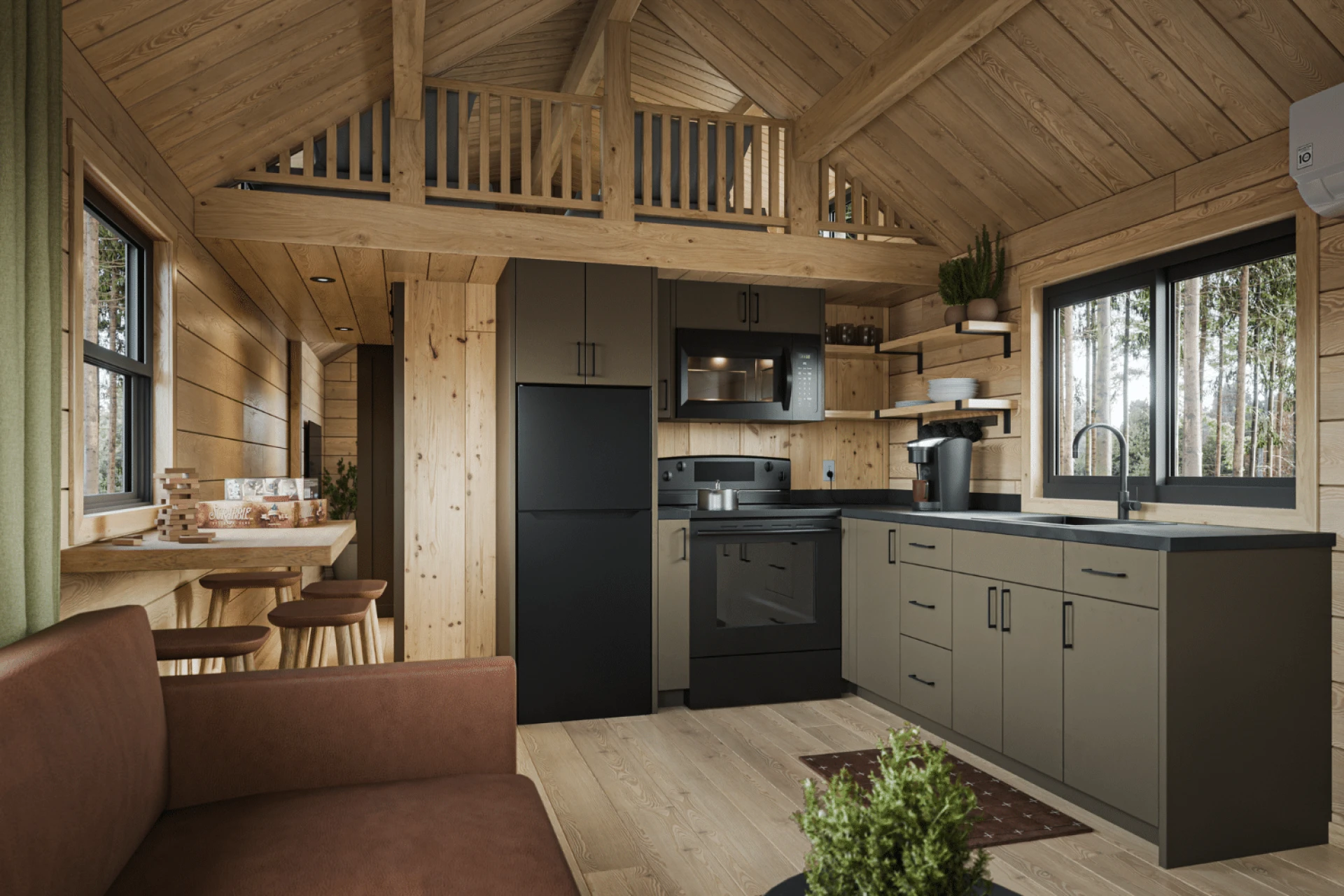 salon avec cuisine ouverte et coin repas et mezzanine cabane en rondins de 37m2 Zook Cabins salon avec cuisine ouverte et coin repas et mezzanine cabane en rondins de 37m2 Zook Cabins