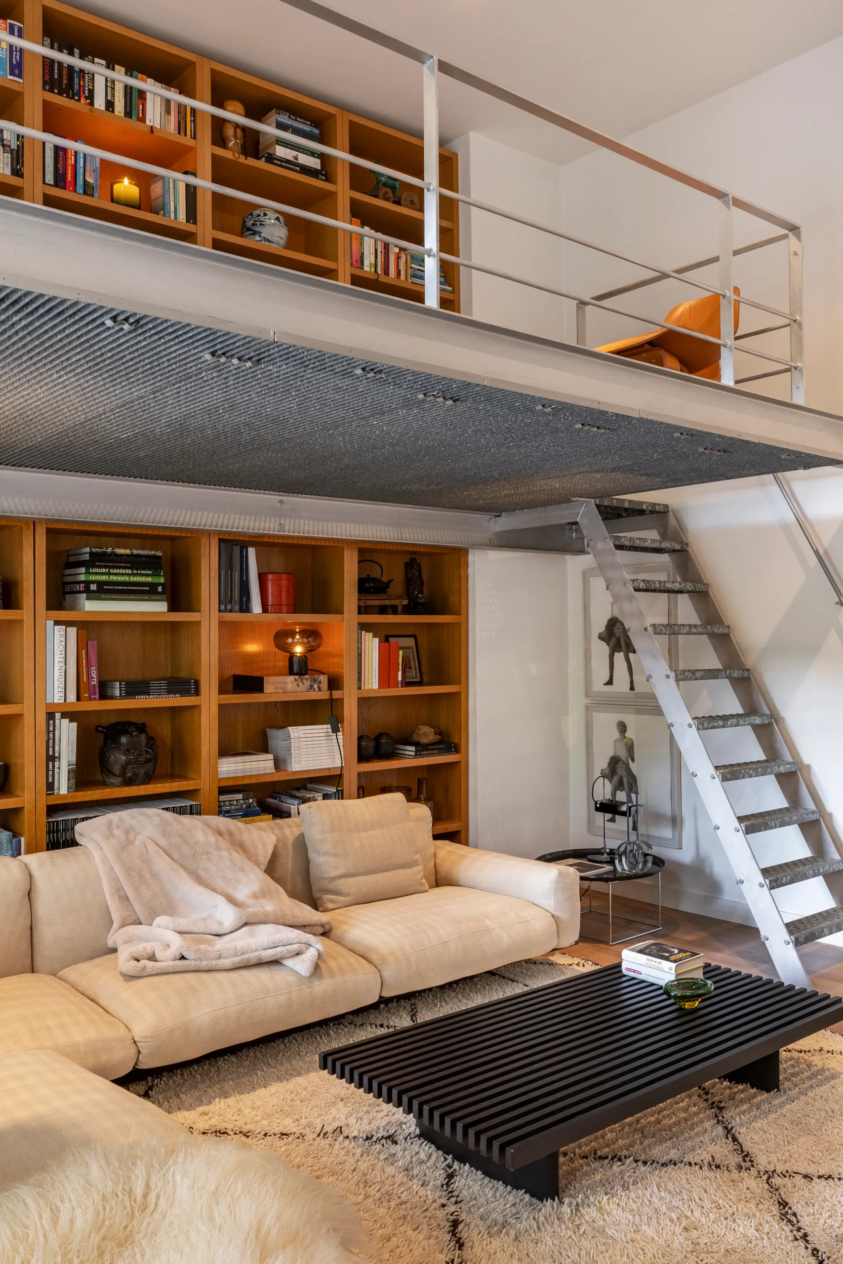 living room with mezzanine 191sqm duplex apartment contemporary decor Amsterdam