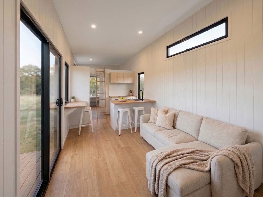 salon et cuisine tiny house sans mezzanine 30m2 Coolum par Aussie Tiny Houses