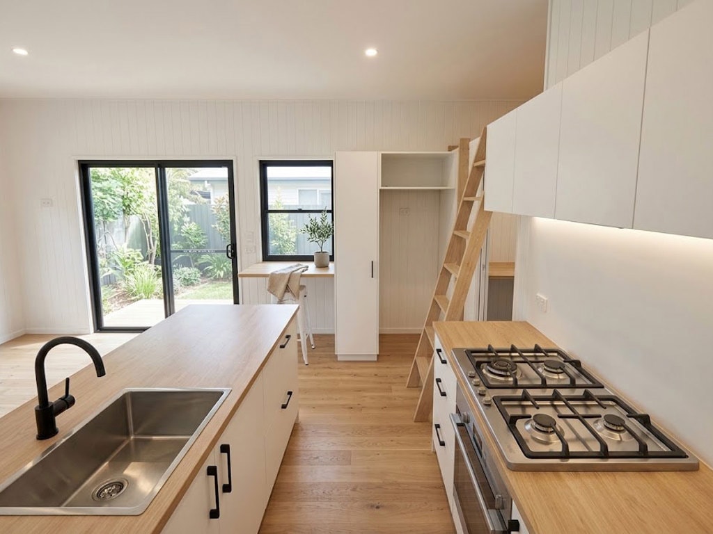 cuisine ouverte tiny house sans mezzanine 30m2 Coolum par Aussie Tiny Houses