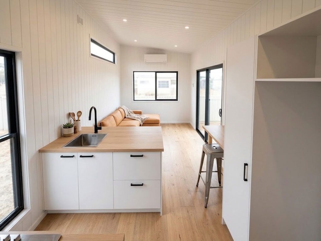 salon et cuisine tiny house sans mezzanine 30m2 Coolum par Aussie Tiny Houses