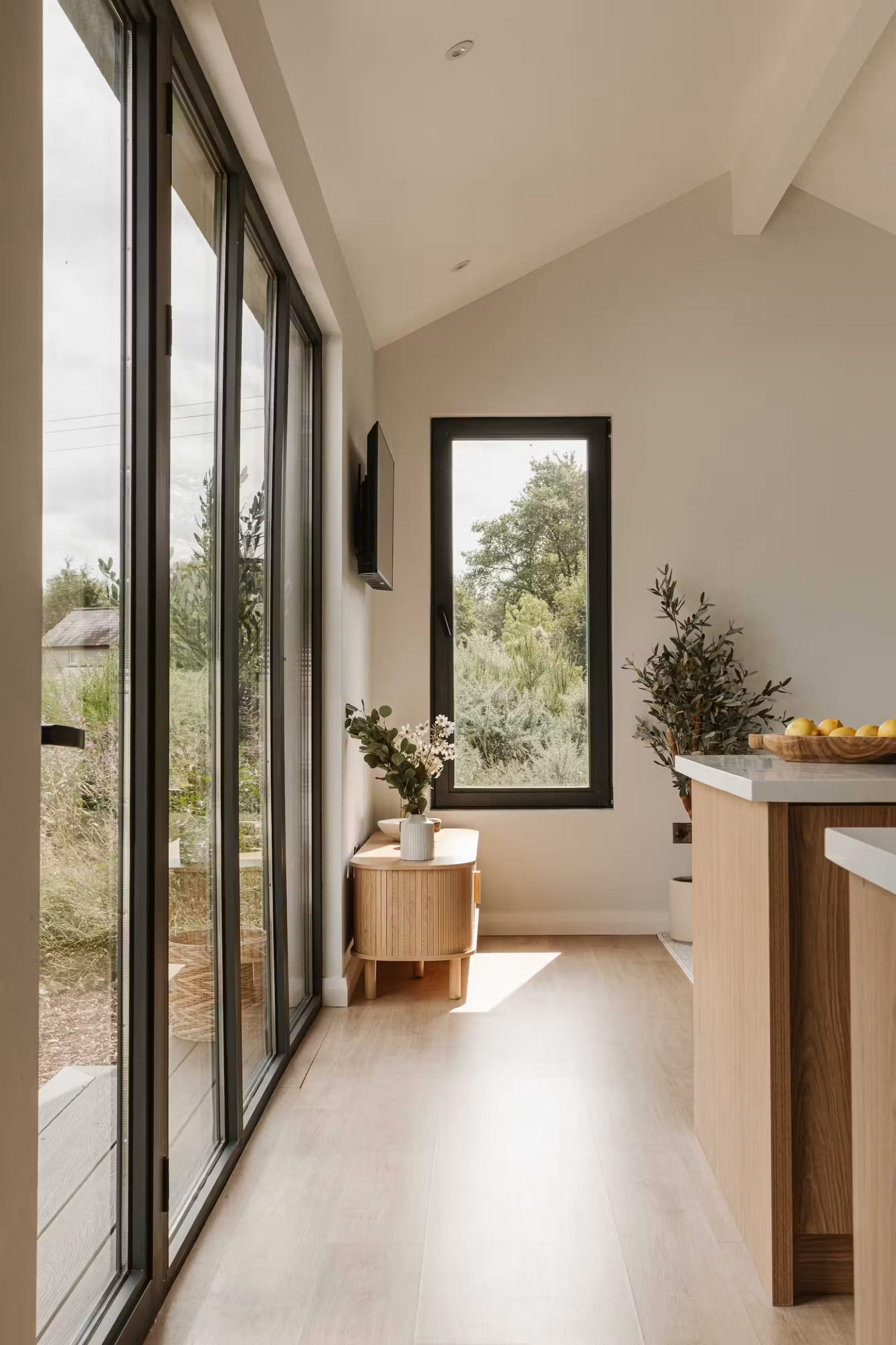 salon avec cuisine ouverte mini maison de 45m2 préfabriquée et modulaire en bois noir Bothán par Yardbox salon avec cuisine ouverte mini maison de 45m2 préfabriquée et modulaire en bois noir Bothán par Yardbox
