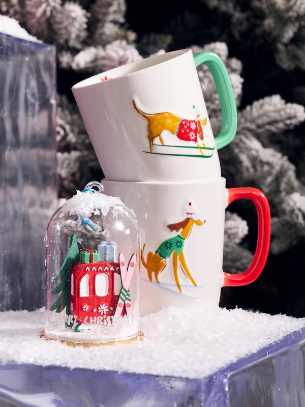 mug chien avec pull dans la neige et sur des skis mug chien avec pull dans la neige et sur des skis