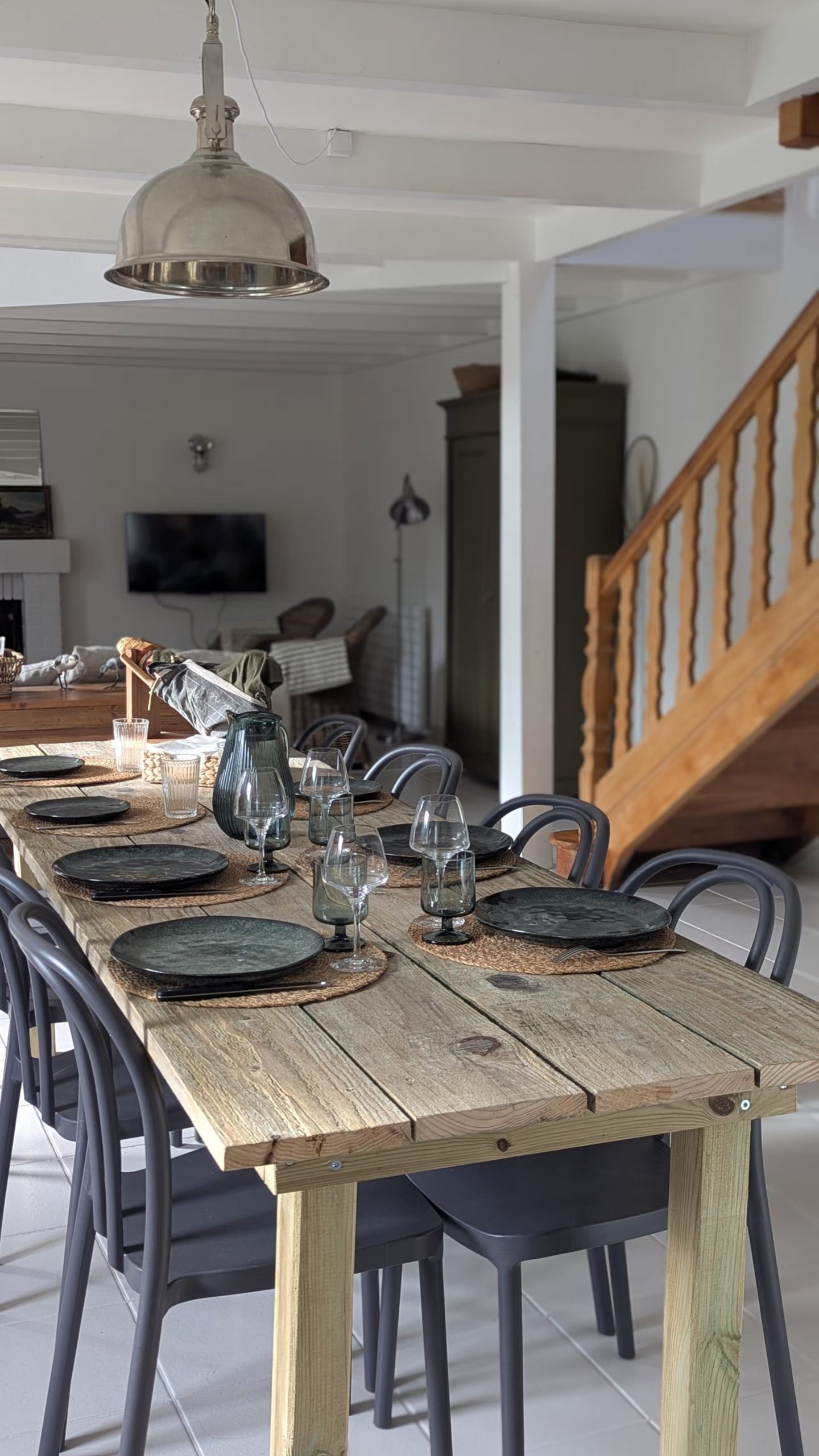 dining room with staircase neutral rustic chic decor house near the sea Brittany Ker Darwin Paimpol