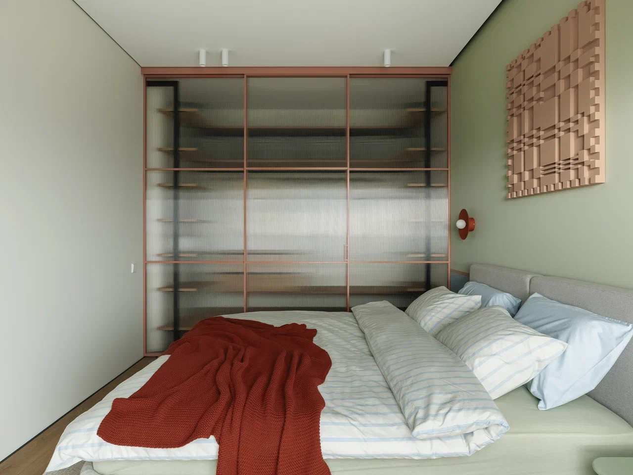 chambre mur vert et bleu appartement de 45m2 décoration contemporaine et colorée dressing verre canelé chambre mur vert et bleu appartement de 45m2 décoration contemporaine et colorée dressing verre canelé