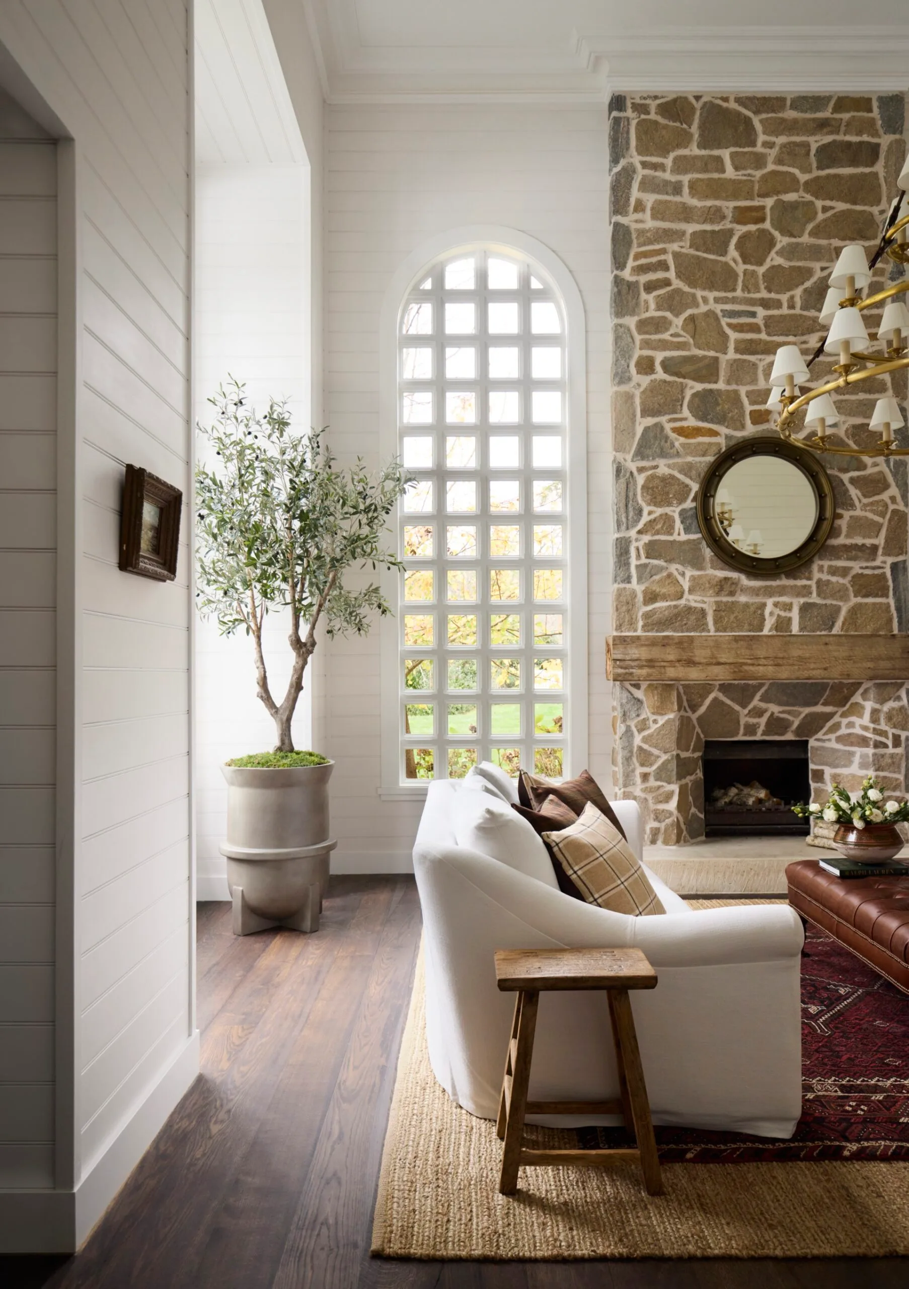 living room with stone fireplace contemporary decor