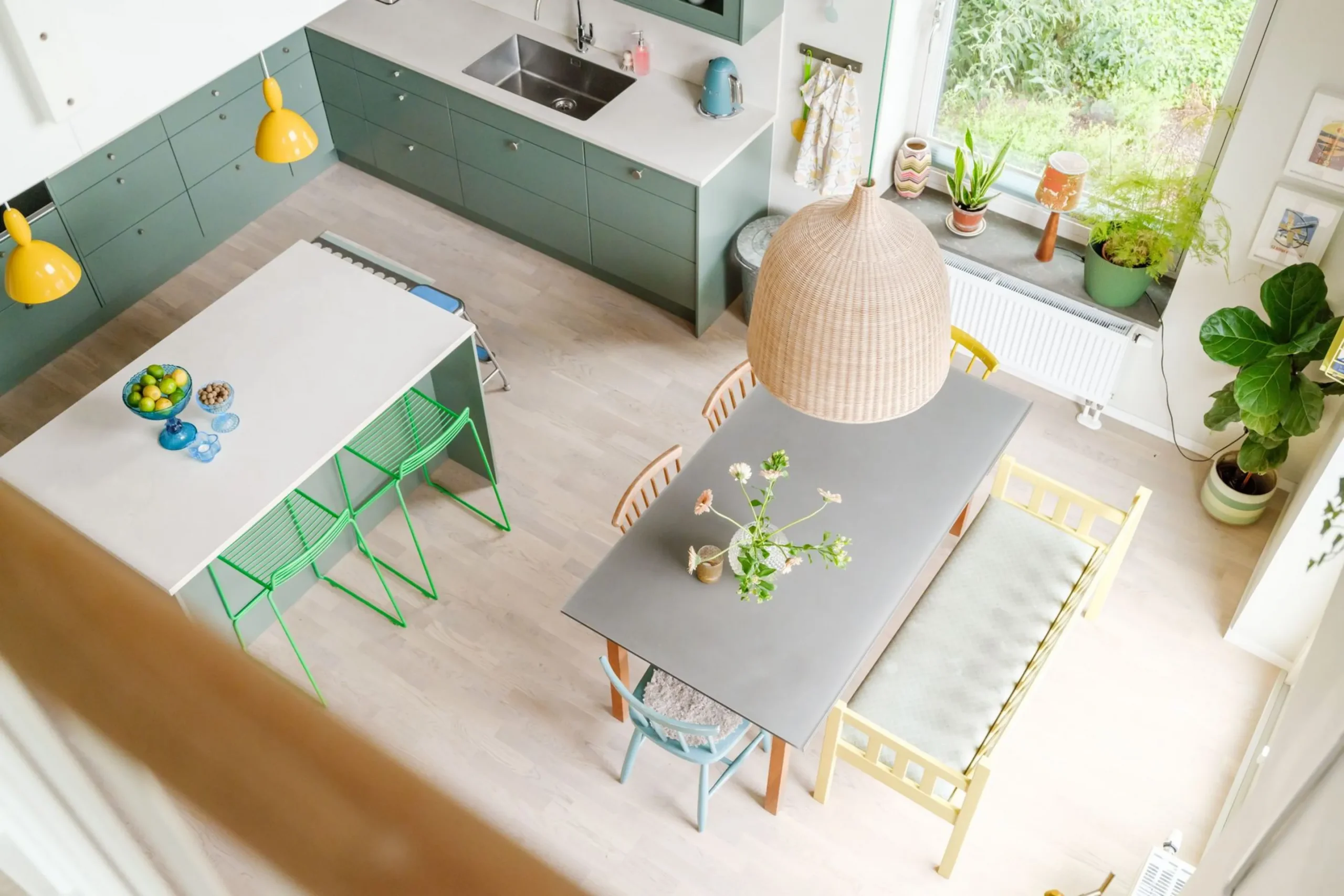 green open kitchen and living room double height in a duplex apartment contemporary decor