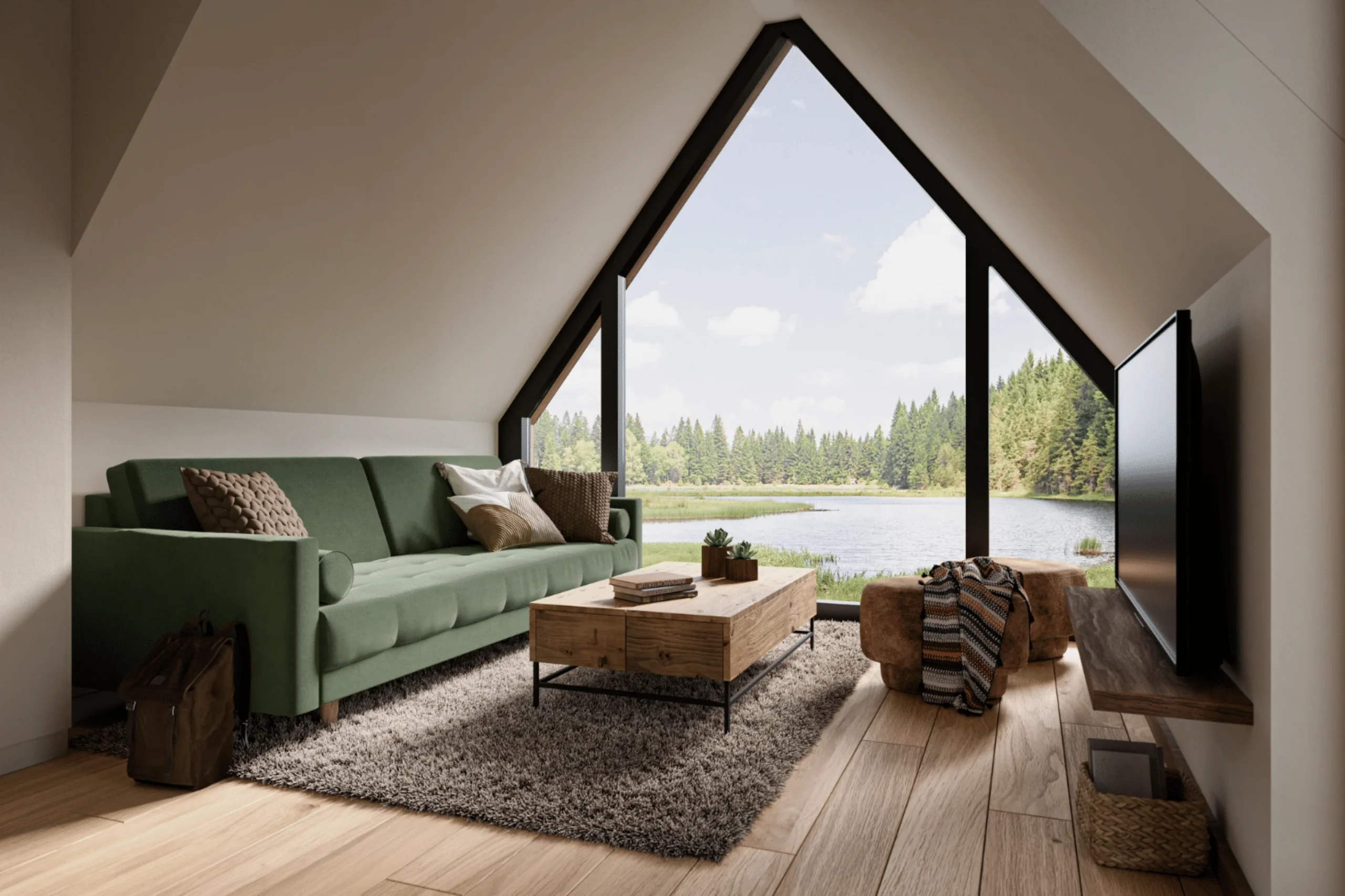salon décoration contemporaine avec pignon vitré petite maison A-Frame 37m2 A-Frame Bunkhouse par Zook Cabins salon décoration contemporaine avec pignon vitré petite maison A-Frame 37m2 A-Frame Bunkhouse par Zook Cabins