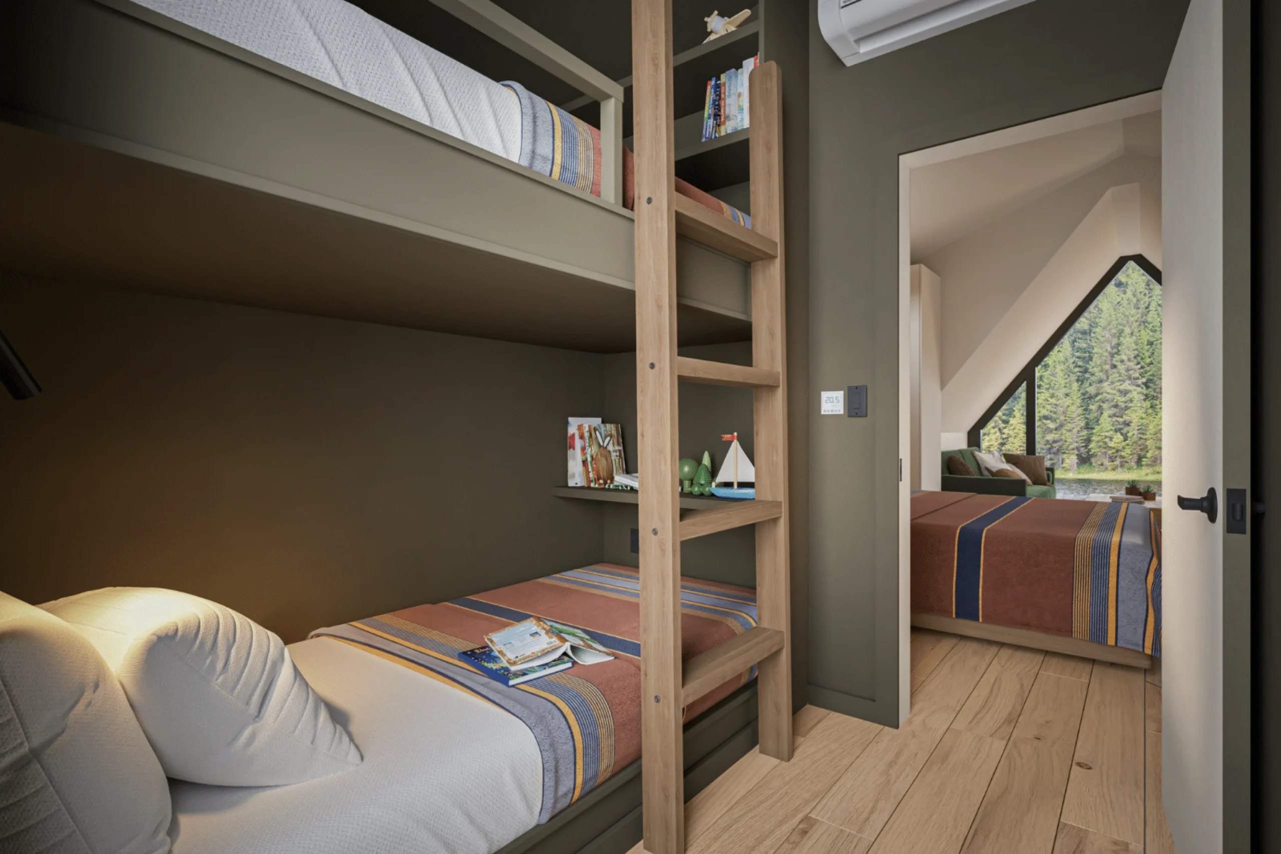 chambre avec lits superposés petite maison A-Frame 37m2 A-Frame Bunkhouse par Zook Cabins chambre avec lits superposés petite maison A-Frame 37m2 A-Frame Bunkhouse par Zook Cabins