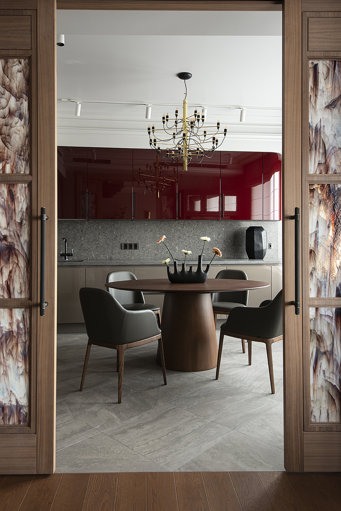 kitchen with stained-glass sliding doors contemporary decor 120sqm apartment