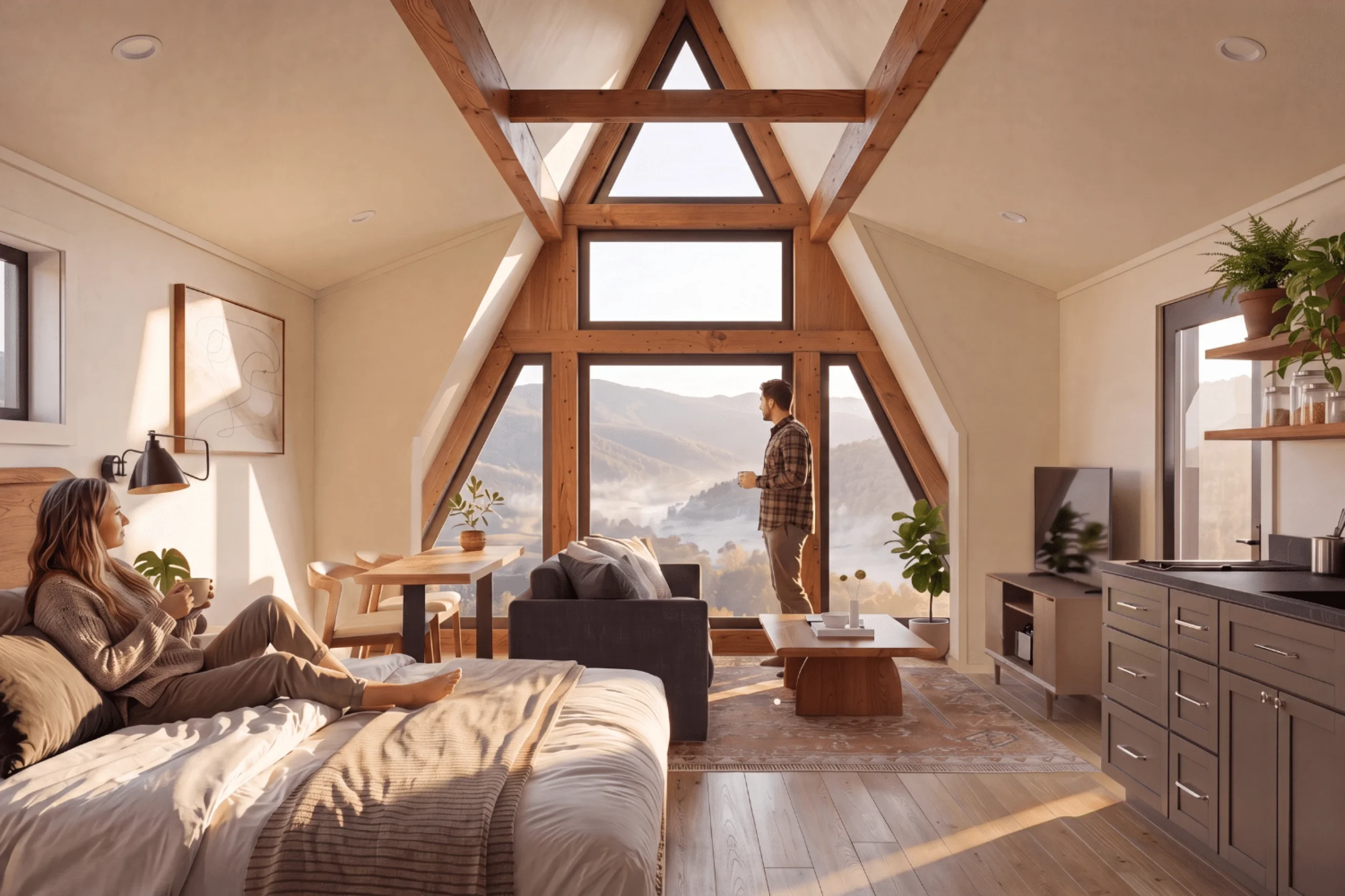 pièce de vie pignon vitré maison A-Frame de 43m2 par Zook
