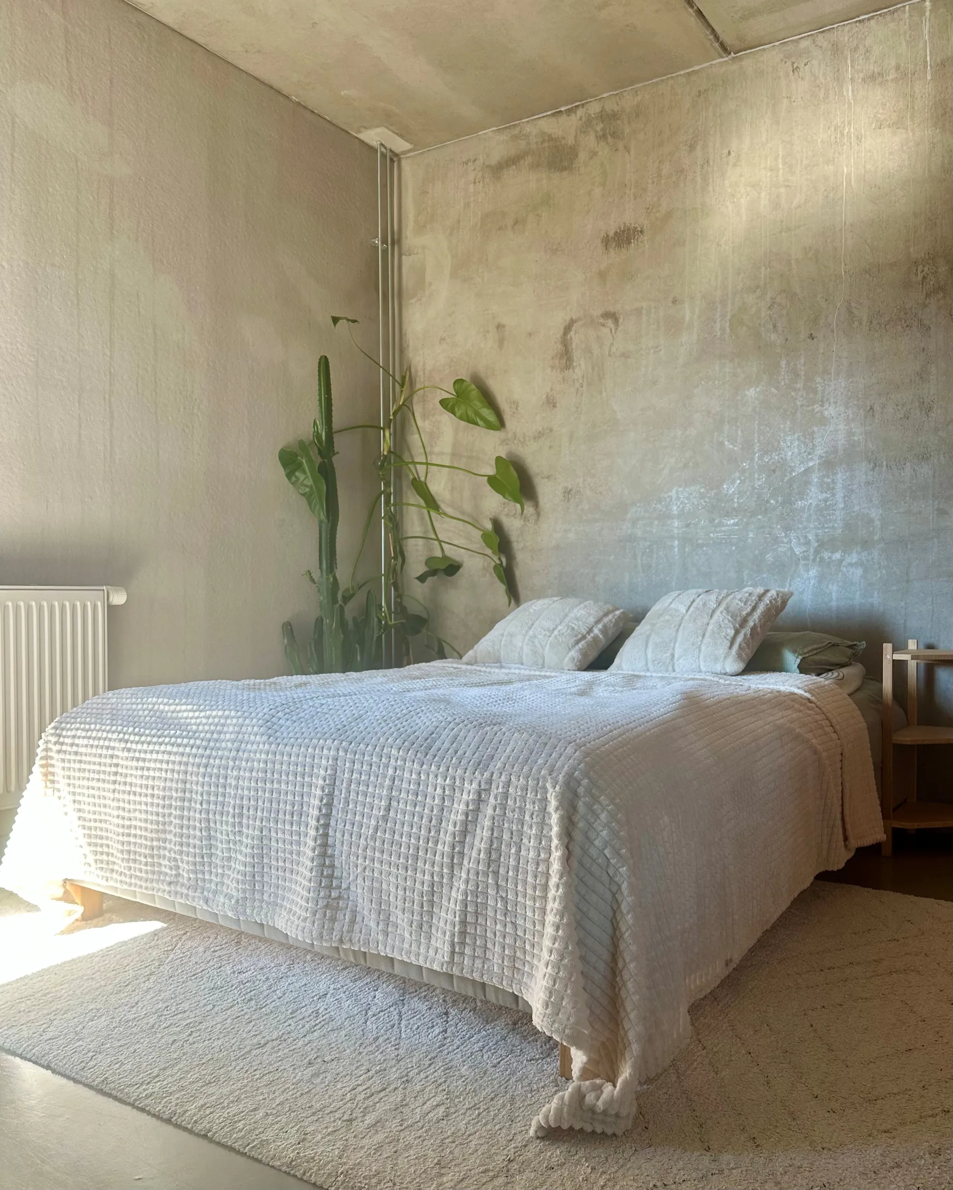 bedroom with concrete floor ceiling and walls