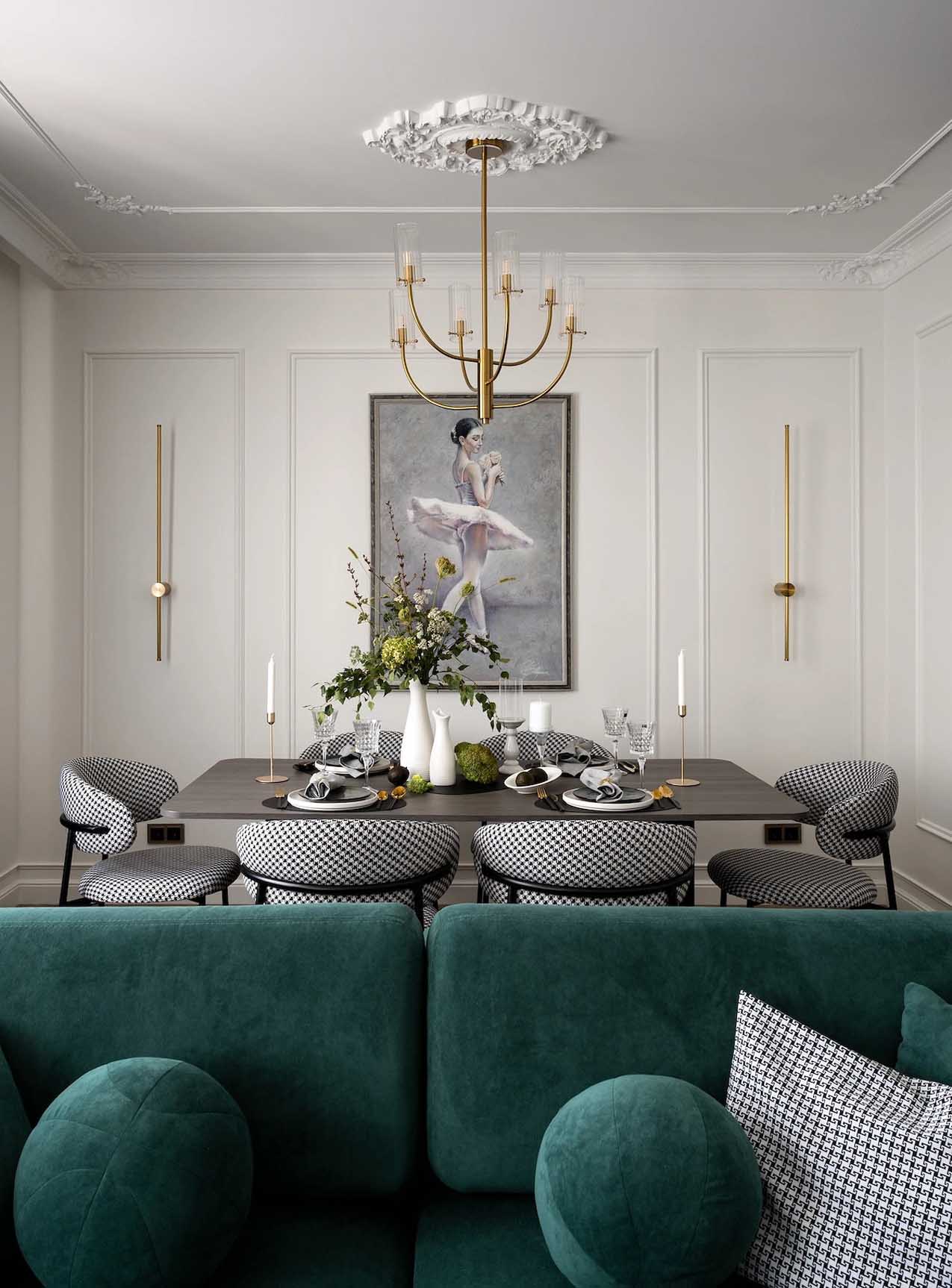 salle à manger avec moulures et rosace décoration classique chic appartement 45m2 style Paris Haussmannien salle à manger avec moulures et rosace décoration classique chic appartement 45m2 style Paris Haussmannien