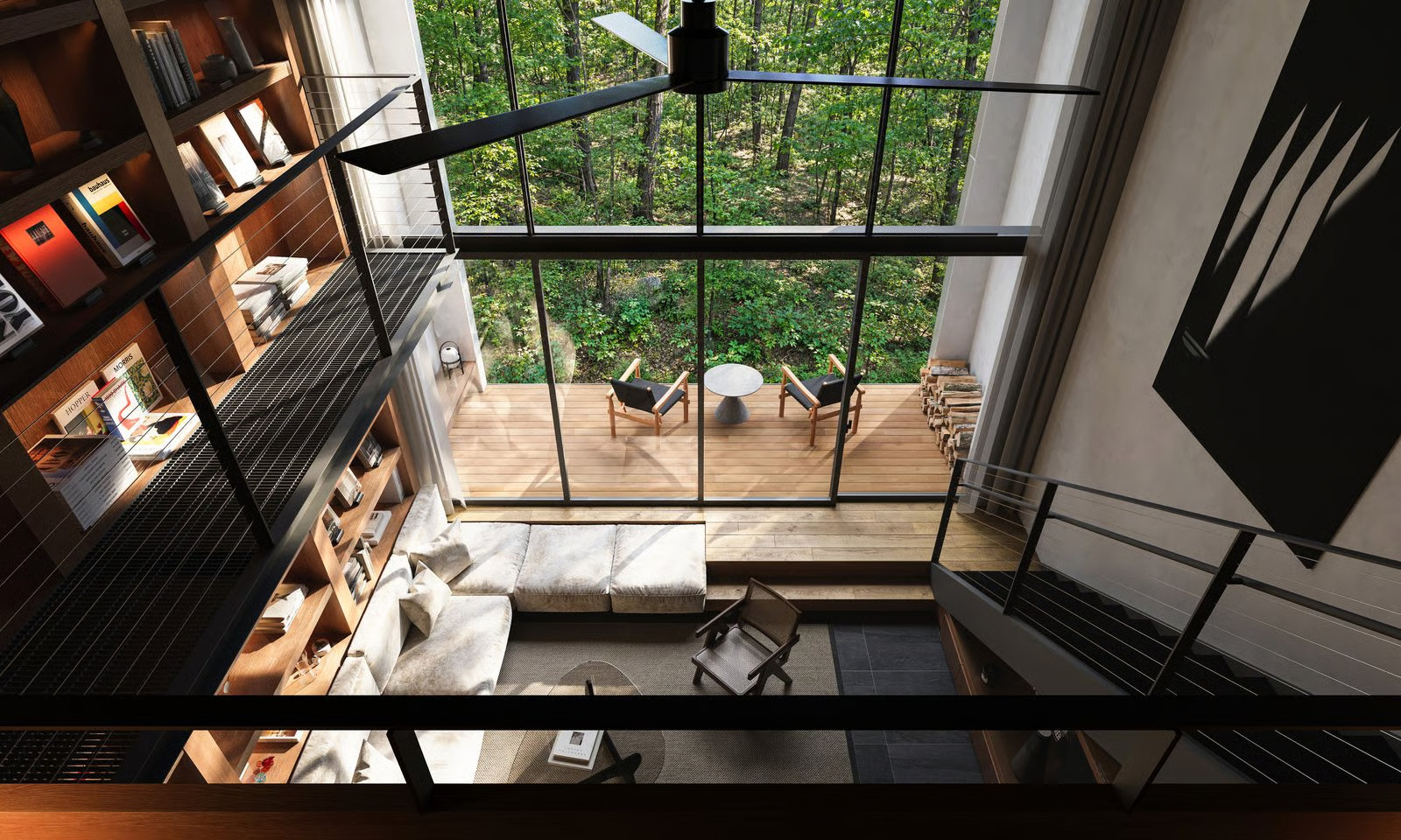 salon double hauteur avec pignon vitré décoration contemporaine maison préfabriquée POD par NOT A HOUSE salon double hauteur avec pignon vitré décoration contemporaine maison préfabriquée POD par NOT A HOUSE