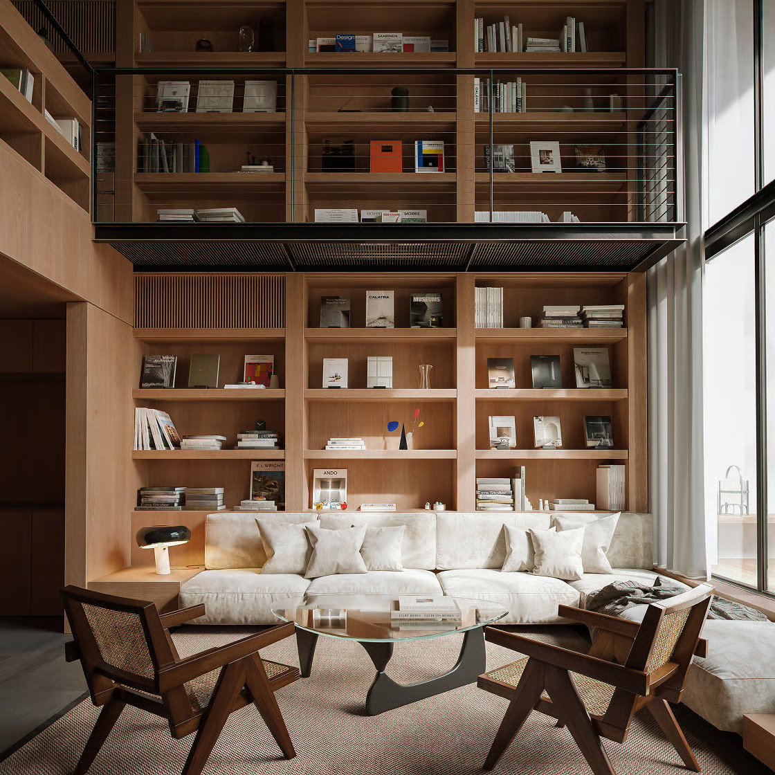 salon double hauteur avec bibliothèque décoration contemporaine maison préfabriquée POD par NOT A HOUSE salon double hauteur avec bibliothèque décoration contemporaine maison préfabriquée POD par NOT A HOUSE