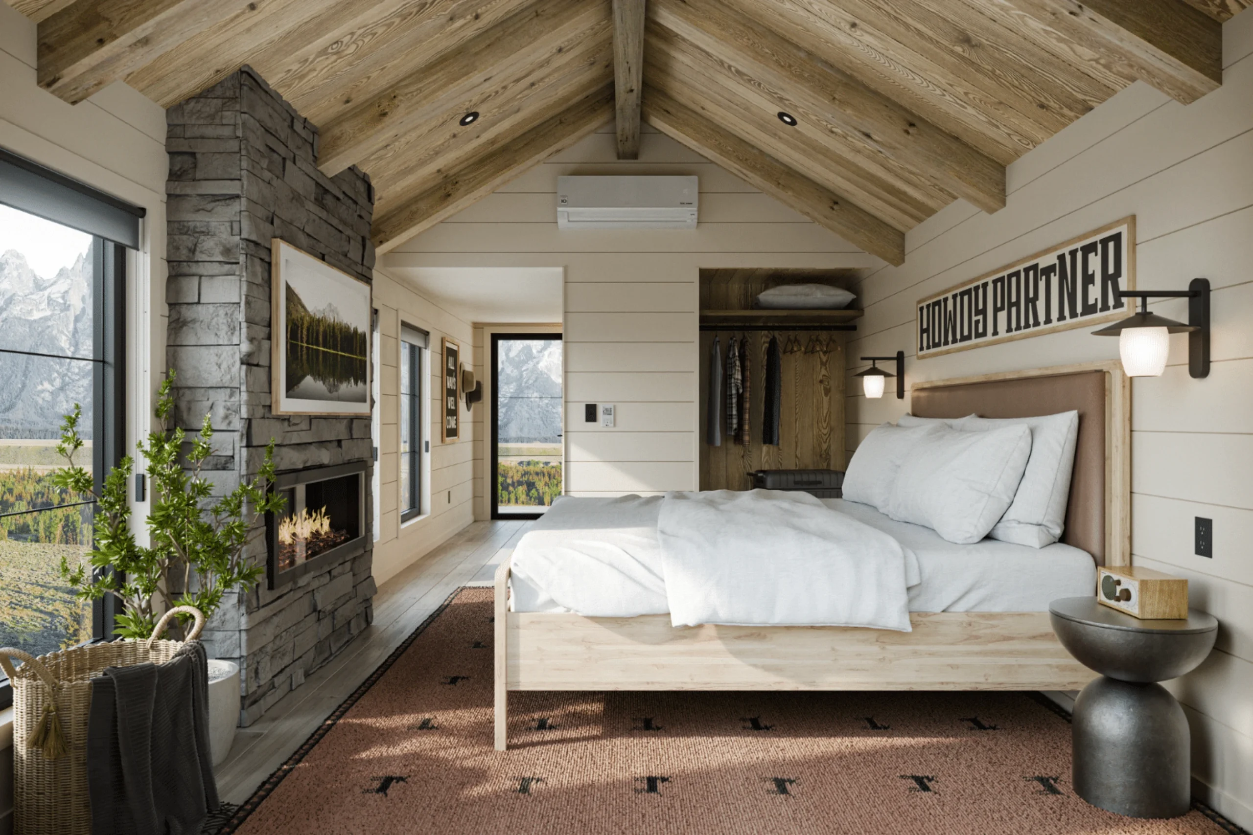 chambre avec cheminée électrique Yukon tiny house par Zook Cabins